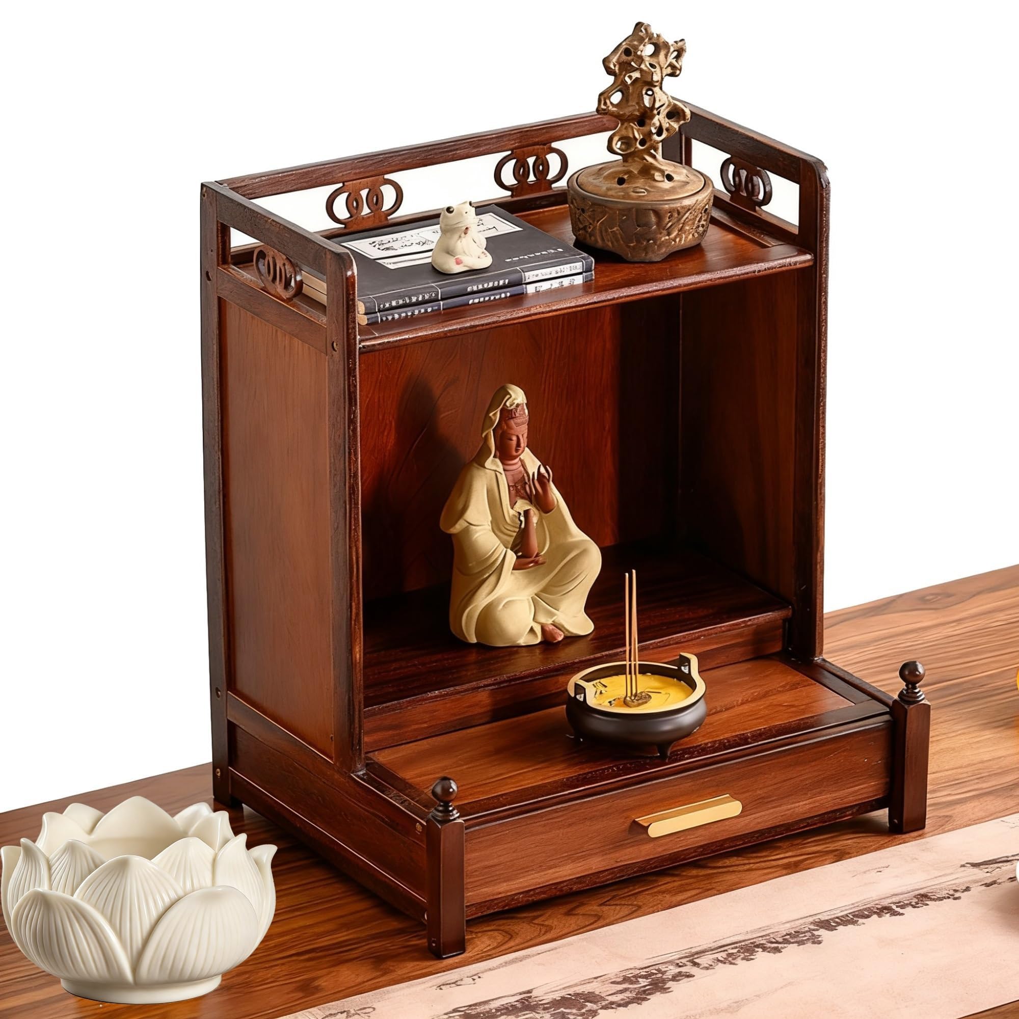 Ręcznie Wykonany Ołtarzyk Buddyjski Z Wysuwaną Półką I Kadzielnicą, Elegancki Solidny Drewniany Stojak Na Ołtarzyk Buddyjski Do Medytacji, Modlitwy, Rytuałów Religijnych(Desktop2)