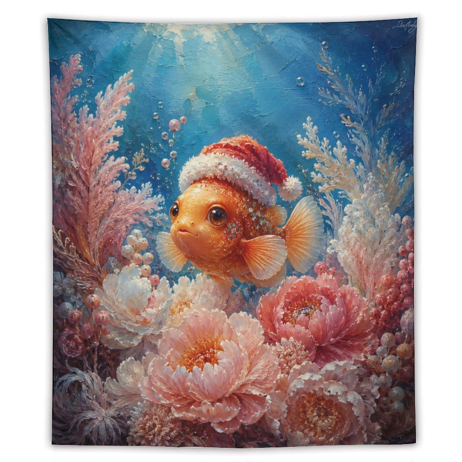 W7C8U2X3 Clownfish Santa Hat Coral Wall Tapestry, College Dorm