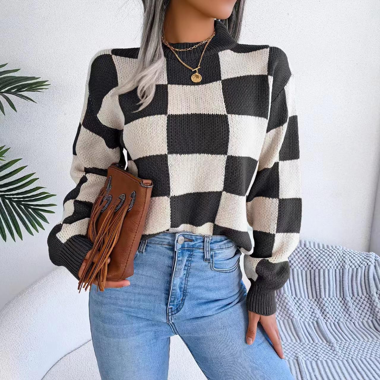 Women's Color Block Checkered Crew Neck Long Sleeve Y2K Plaid Knitted Pullover Sweater Tops Vintage Preppy Style Knitwear - Image 7