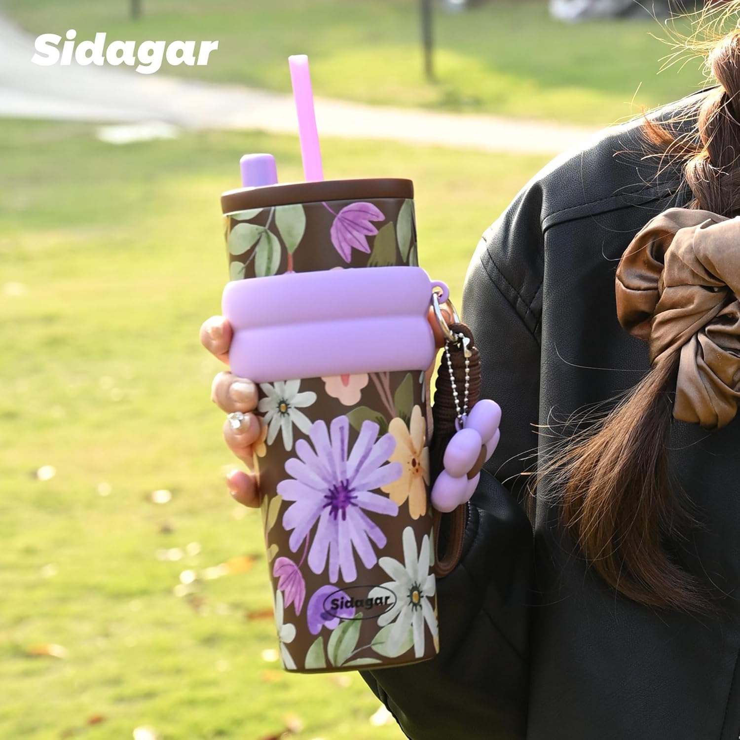 24 oz Insulated Tumbler witn Lid and Straw Stainless Steel, Insulated Reusable Leak Proof Water Bottle with Strap, Floral Brown - Image 4