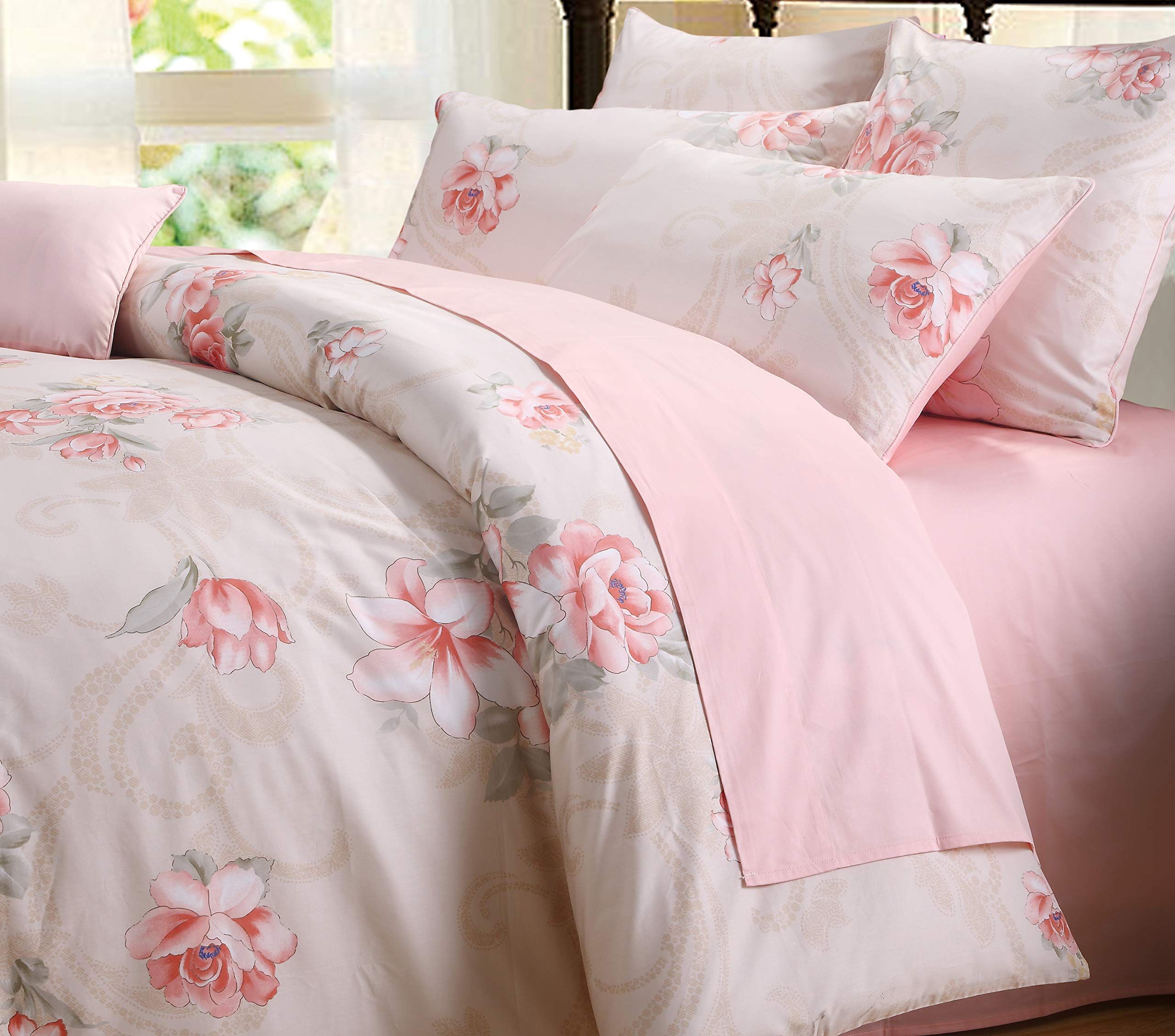 USTIDE Pink Floral Pattern 100% Cotton Bedding-Super King Duvet Cover Set,3-Piece Set including 2 Pillowcases
