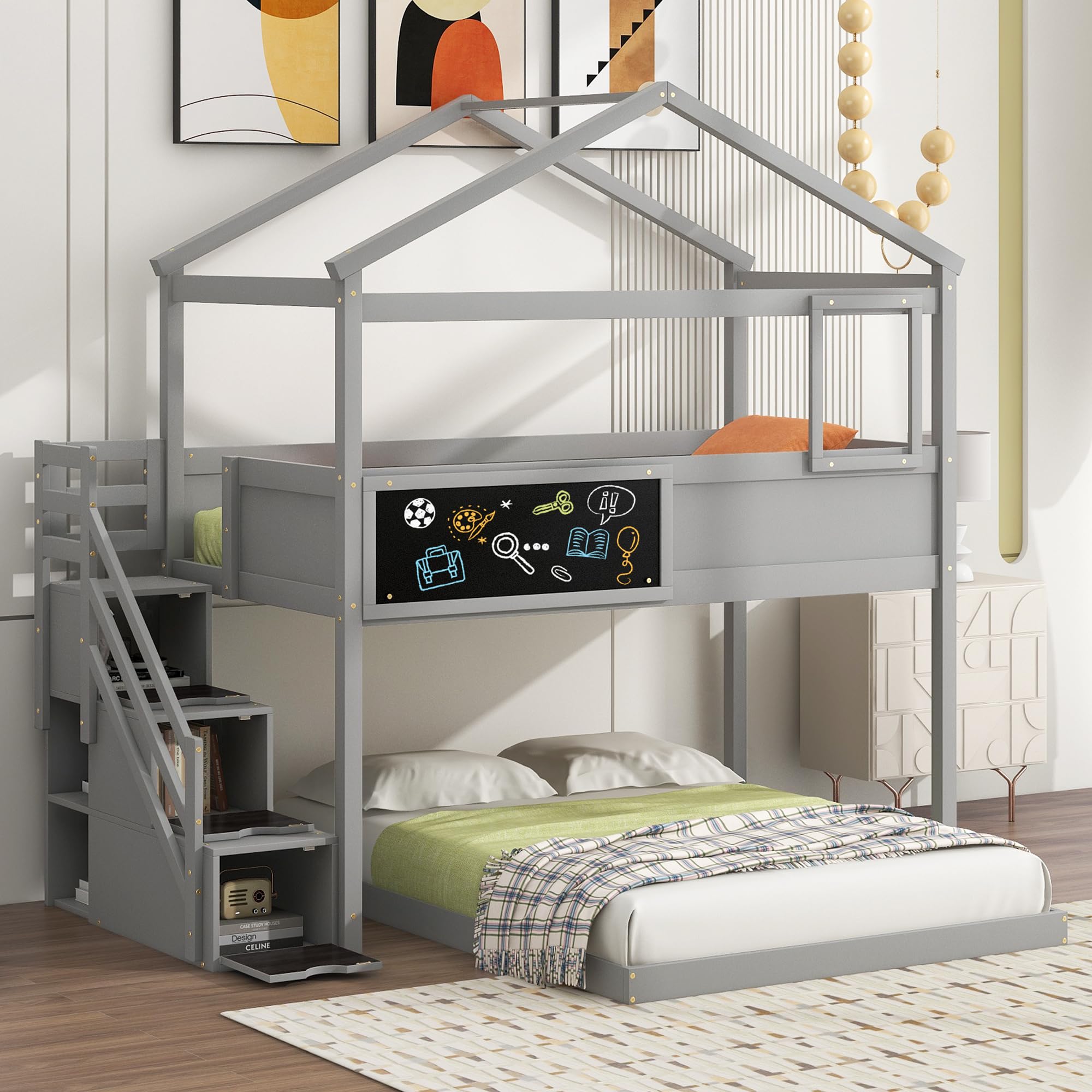 Harper & Bright Designs Twin Over Full Bunk Beds with Storage Stairs and Blackboard,House Bunk Beds for Kids, Wood Bunk Beds with Roof, Window, Guardrail for Girls, Boys,Grey