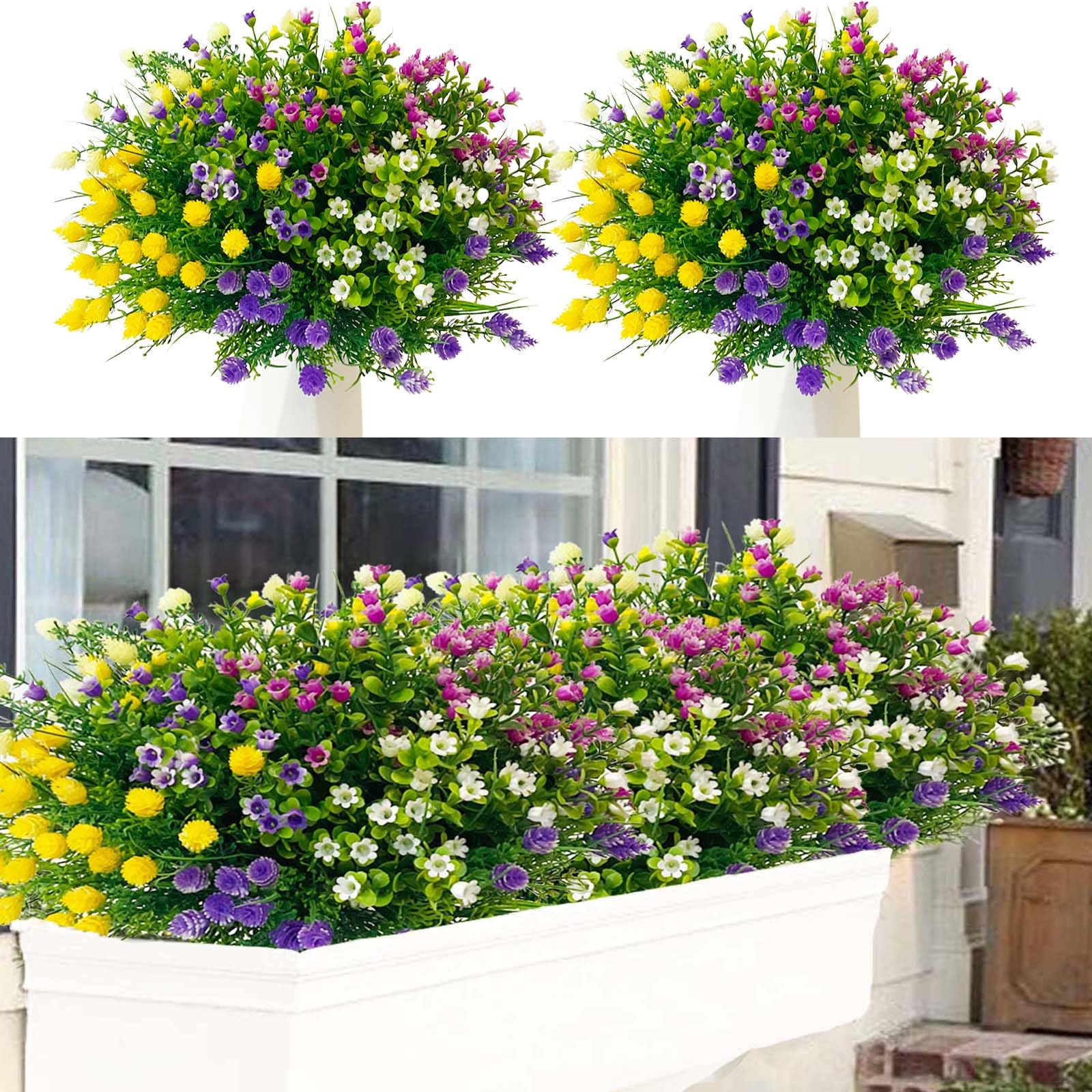 WILLBOND 12 bundels kunstbloemen buiten kunstplant decor UV-bestendige nep plastic bloemen faux struiken voor huis tuin veranda opknoping plantenbakken buiten lente zomer decoratie (geel