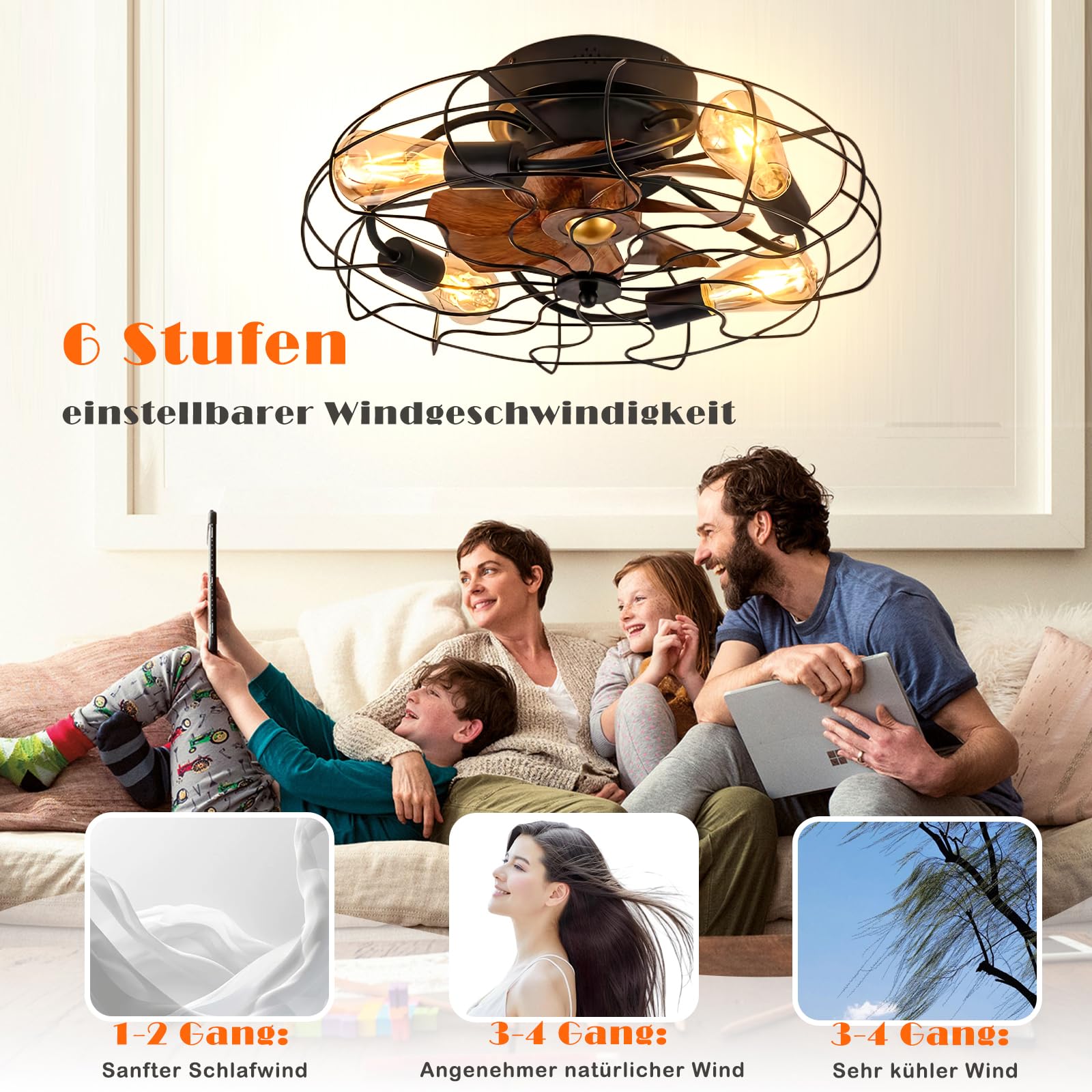 MiiR Ventilateur De Plafond Avec éclairage E27 Ampoule Rétro Ventilateur Plafonnier Avec Télécommande 6 Niveaux De Vitesse Du Vent Lumière Réglable Avec Ventilateur Salon Chambre Salle à Manger