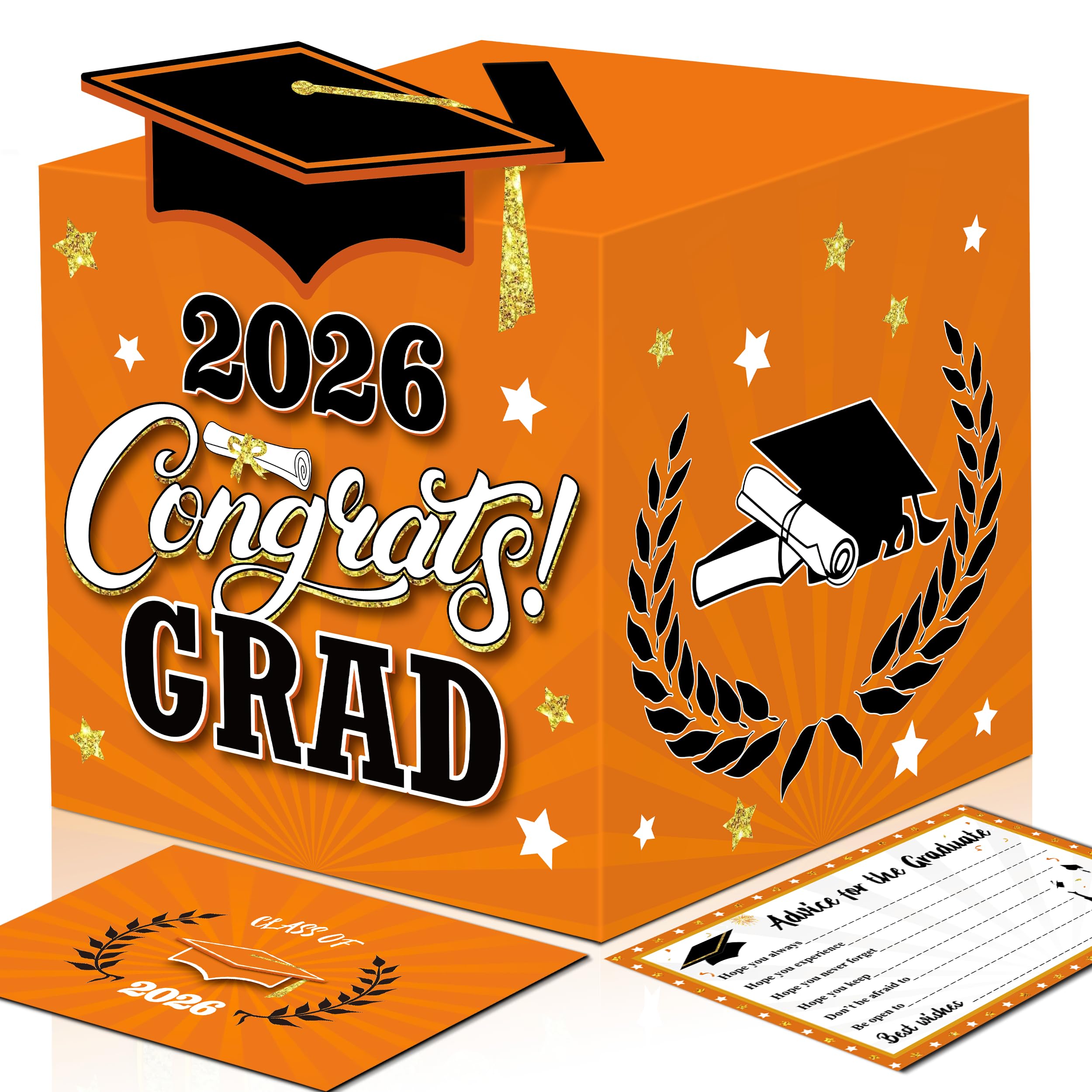 Graduation Wish Cards with Orange and Black Graduation Card Holder Box - 36PCS Class Of 2026 Graduation Advice Cards and 2026 Congrats Grad Card Box for Graduation Party Supplies Decoration