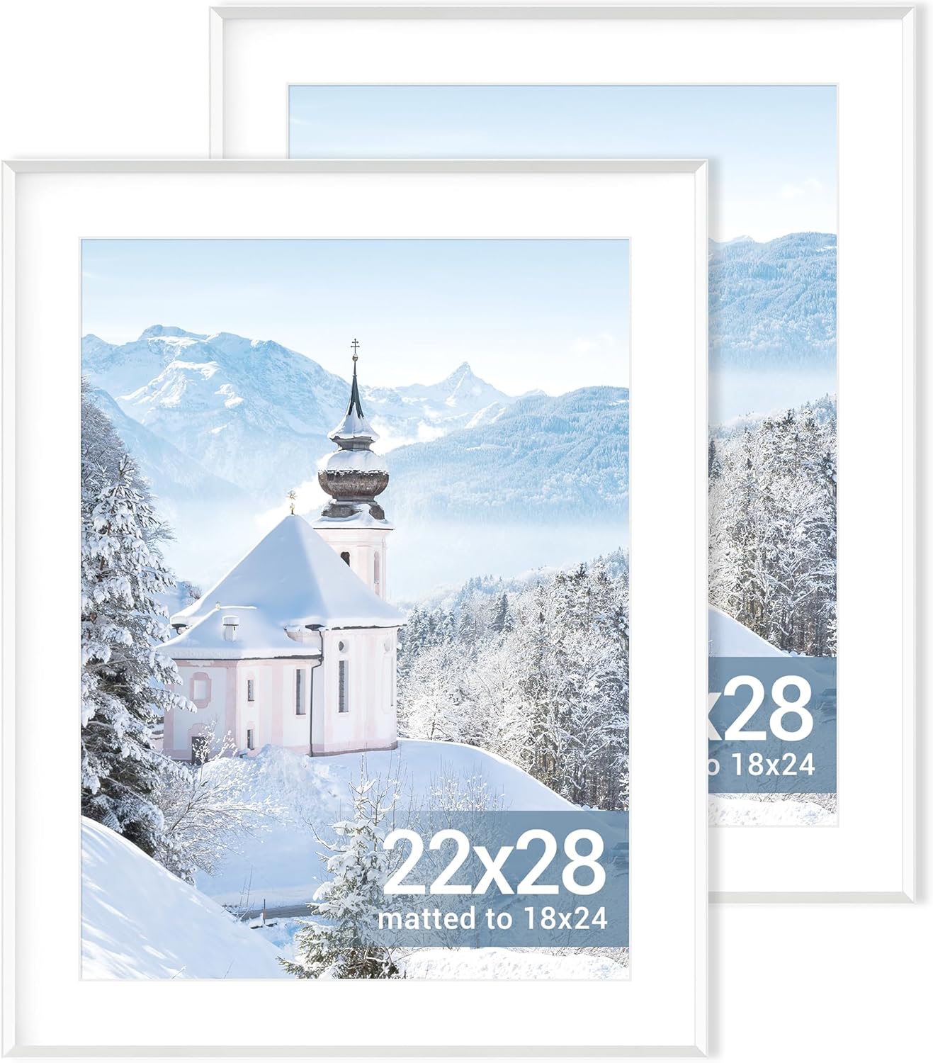 White Picture Frame 22x28, 22 x 28 Inch Aluminum Poster Frame for Wall, 22x28 Frames Matted to 18x24, 22 by 28 White Frame with Tempered Real Glass, 28x22 Art Frames, Set of 2
