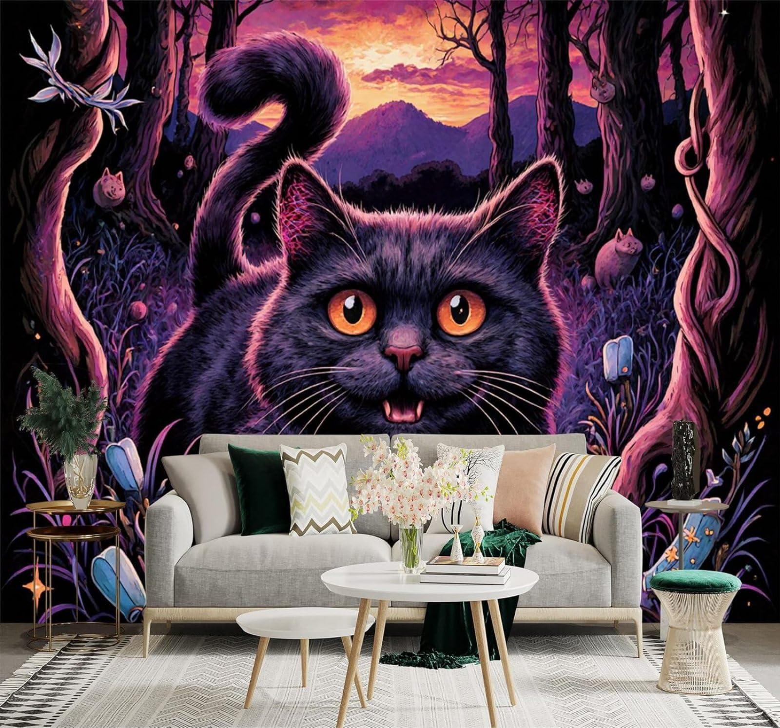 XLMING Black Cat Dreamlike Forest Purple Sunset Mountains 3D Wallpaper Premium Textured Silk Study Dining Living Room Bedroom Sofa TV Wall Easy Install-350cm×256cm