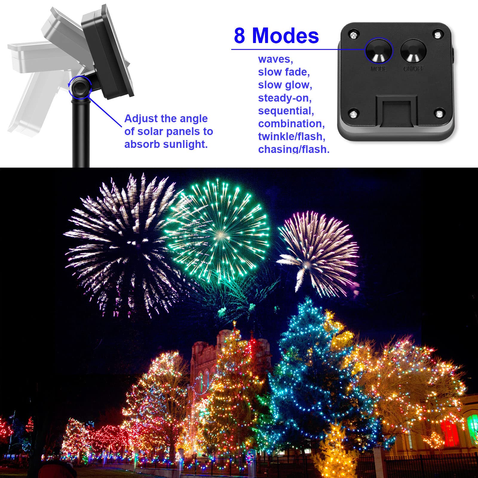 Solar-Weihnachts-Lichterkette, mehrfarbig, für den Außenbereich, wasserdicht, 100 LEDs (2 Stück), 8 Modi, Kupfer-Lichterkette für Valentinstag, Garten, Terrasse, Außenbereich (mehrfarbig, 2 Stück)