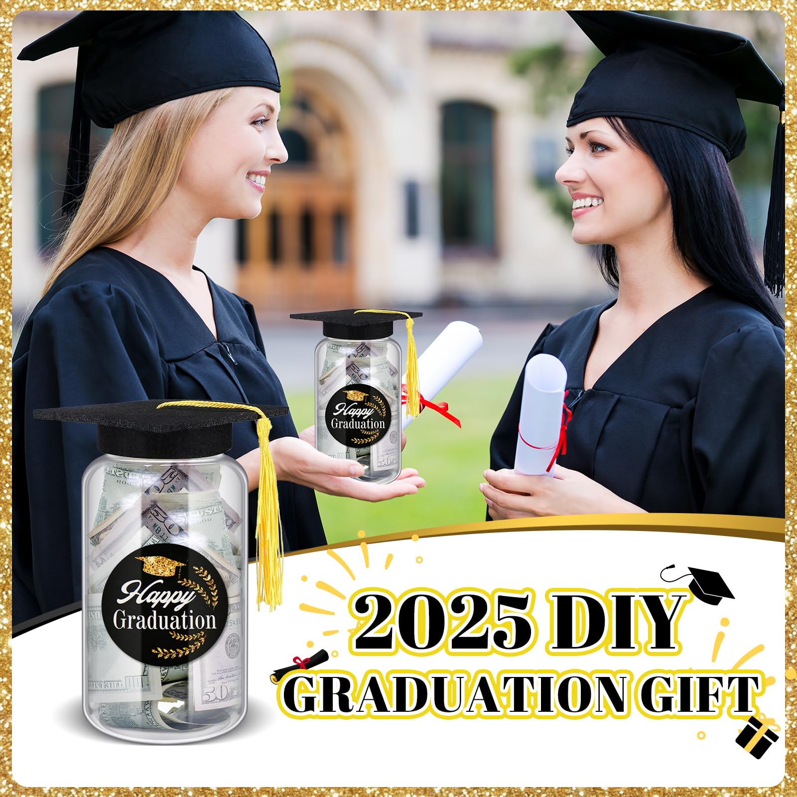 9 Pcs Graduation Jar Decorations with LED Lights, Light up Celebration Table Decorations Graduation Class of 2025 with Gratitude Jars Hats Stickers LED String Light