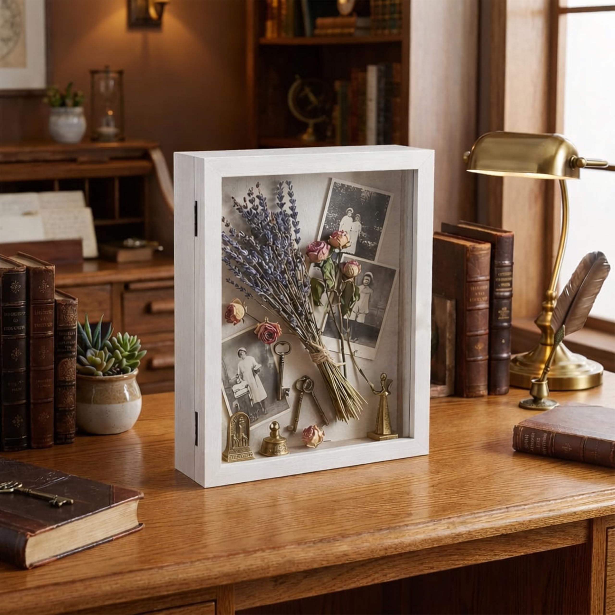 Shadow Box White Frame Memory Box Display Case for Keepsakes Memorabilia Storage with Vintage Lock and Plexiglass Wall Mount Display Case | for Livingroom Bedroom Office Size 28x35 cm - Art Street