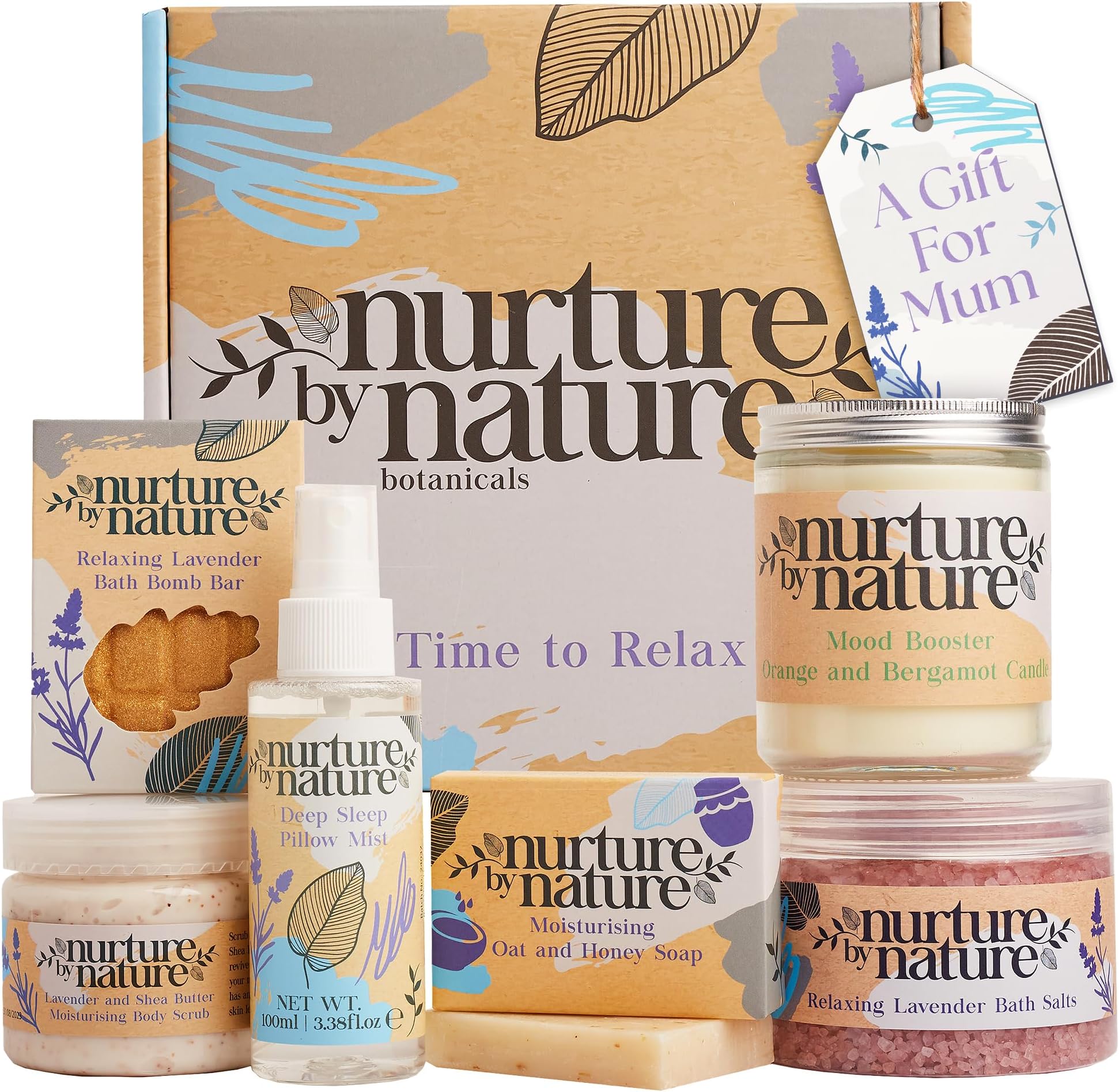 Nurture by Nature Spa Gifts for Women - Self Care Gift Set & Spa Gift Basket for Women, 6 Piece Bath Set with Candle, Bath Bomb, Salts & Pillow Spray - Relaxation Gifts, Mothers Day Gifts for Mom