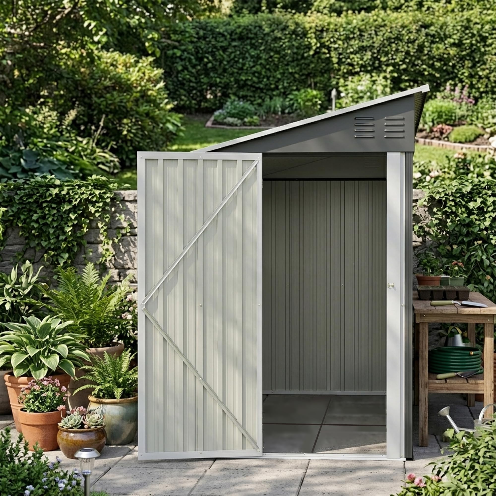 Stabiles Metall Gartenhaus – 1,2x3 m Geräteschuppen mit Stahlrahmen, wetterfest & sicher, Grau (Grey, 291x110.8x188.6 cm)