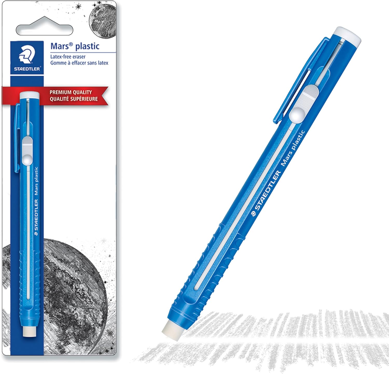 STAEDTLER Mars Plastic Eraser Pen with Refillable Holder, German-Made Eraser for Pencils, Smudge-Free &amp; Tear-Free Precision, Retractable Design with Clip, Blue