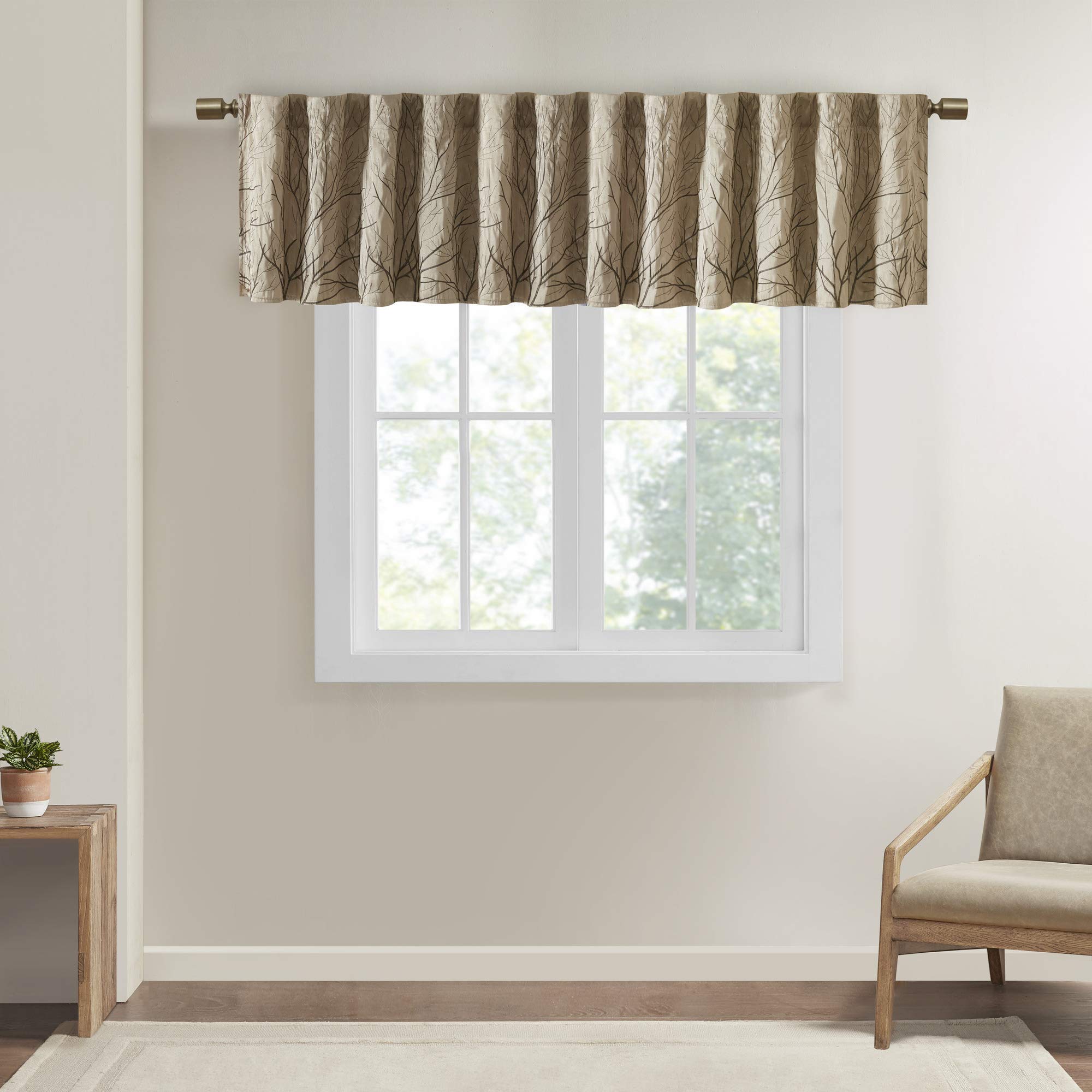 Madison Park Andora Embroidered Rod Pocket Valance, Tree Small Faux Silk Valances for Window, 50" x 18", Tan