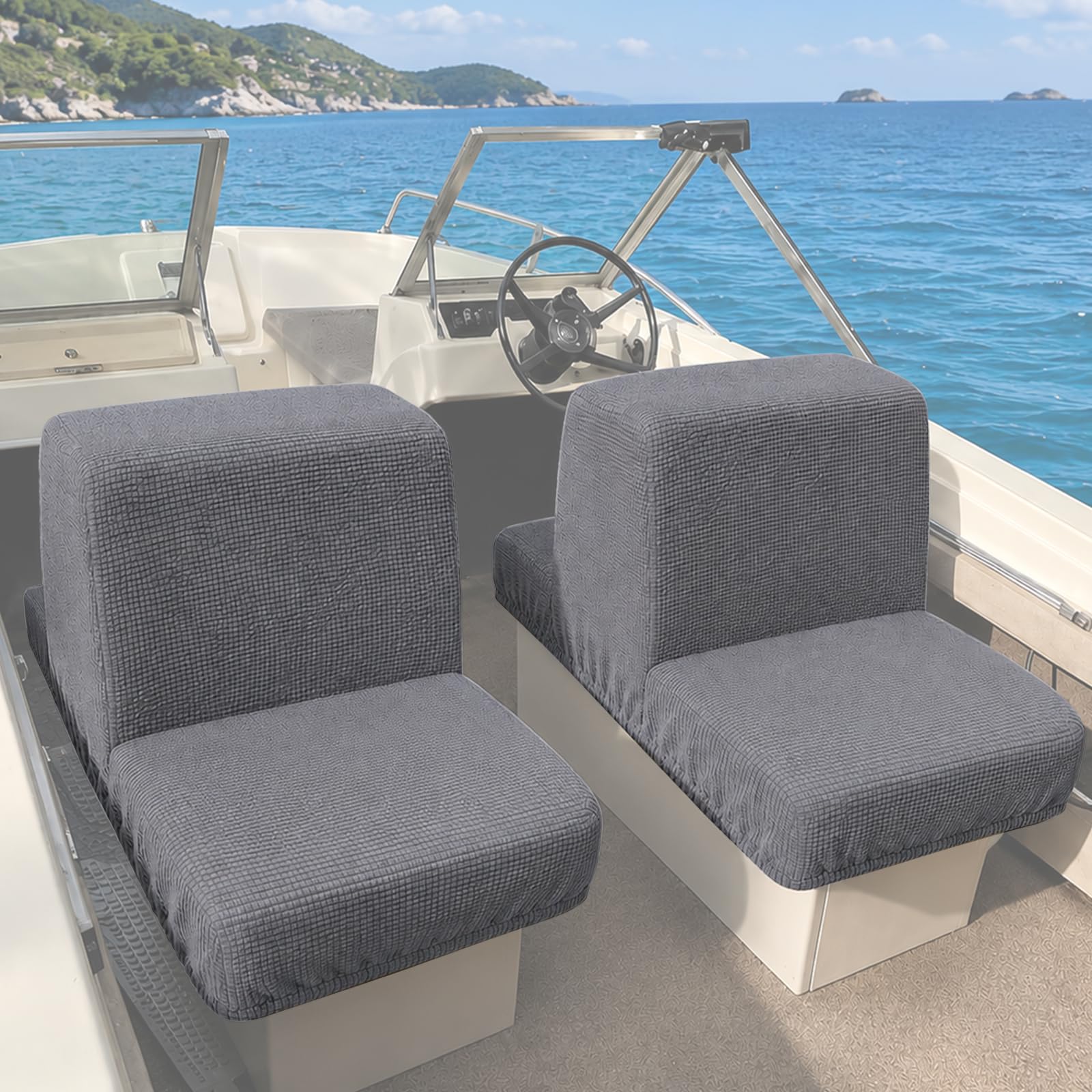 Back-to-Back Boat Seat Covers, Stretch Marine Seat Protectors, Durable Machine Washable Slipcovers for Pontoon, Jon and Deck Boats, Elastic Fit, 2 Sets Covering 4 Seats