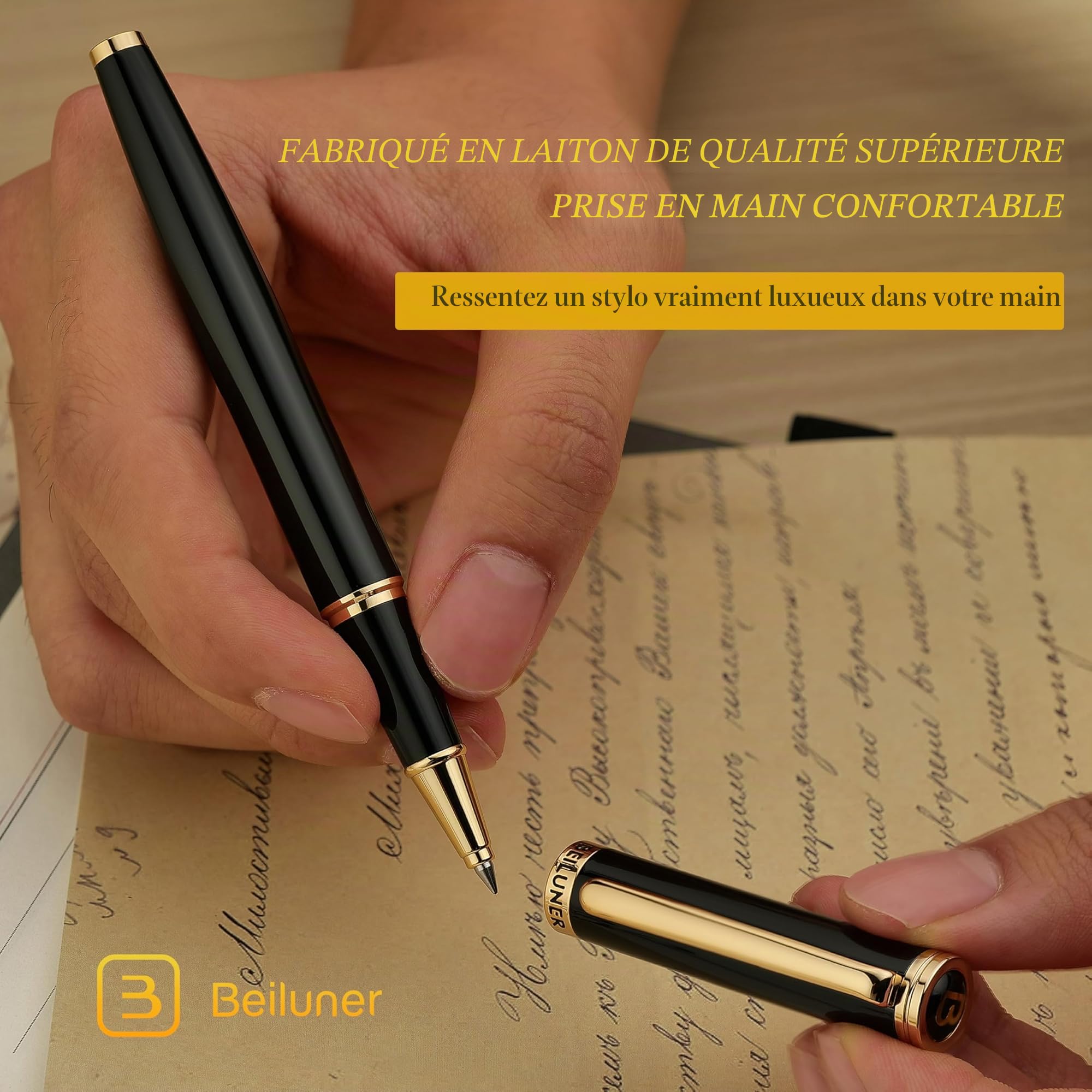 BEILUNER Stylo Bille Luxe, Finitions Or 24K, Design Noble et Élégant, Recharge Schneider, Set-Cadeau Hommes/Femmes, Professionnel, Bureau, Belle Stylo (Noir & Or)
