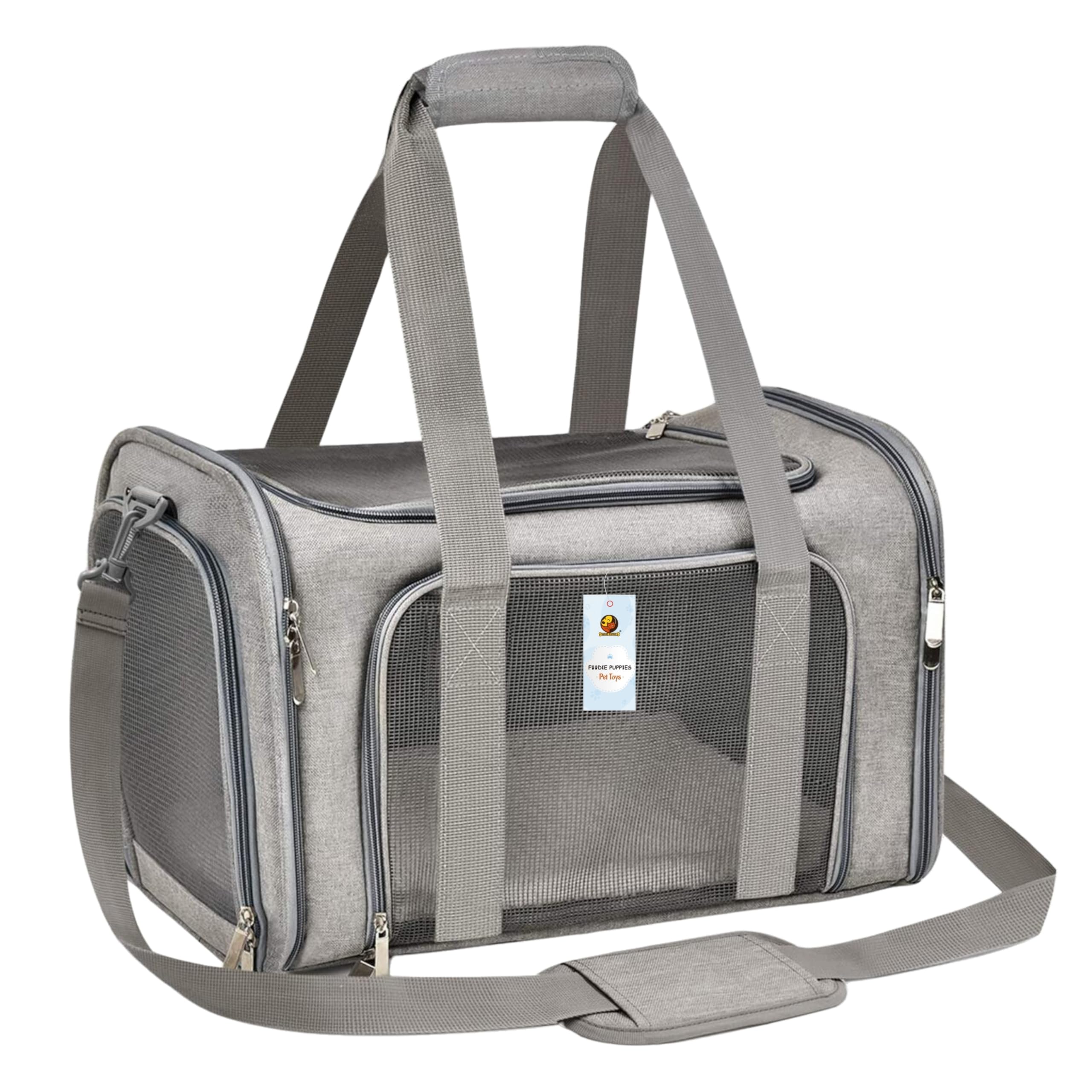 Foodie Puppies Pet Soft-Sided Mesh Pet Travel Carrier for Hiking, Outdoor Activities - (Mesh Airline Bag, Grey)(43x28x28cm) for Small Dogs, Puppies, Cat and Kittens| Breathable Space with Sturdy Pad
