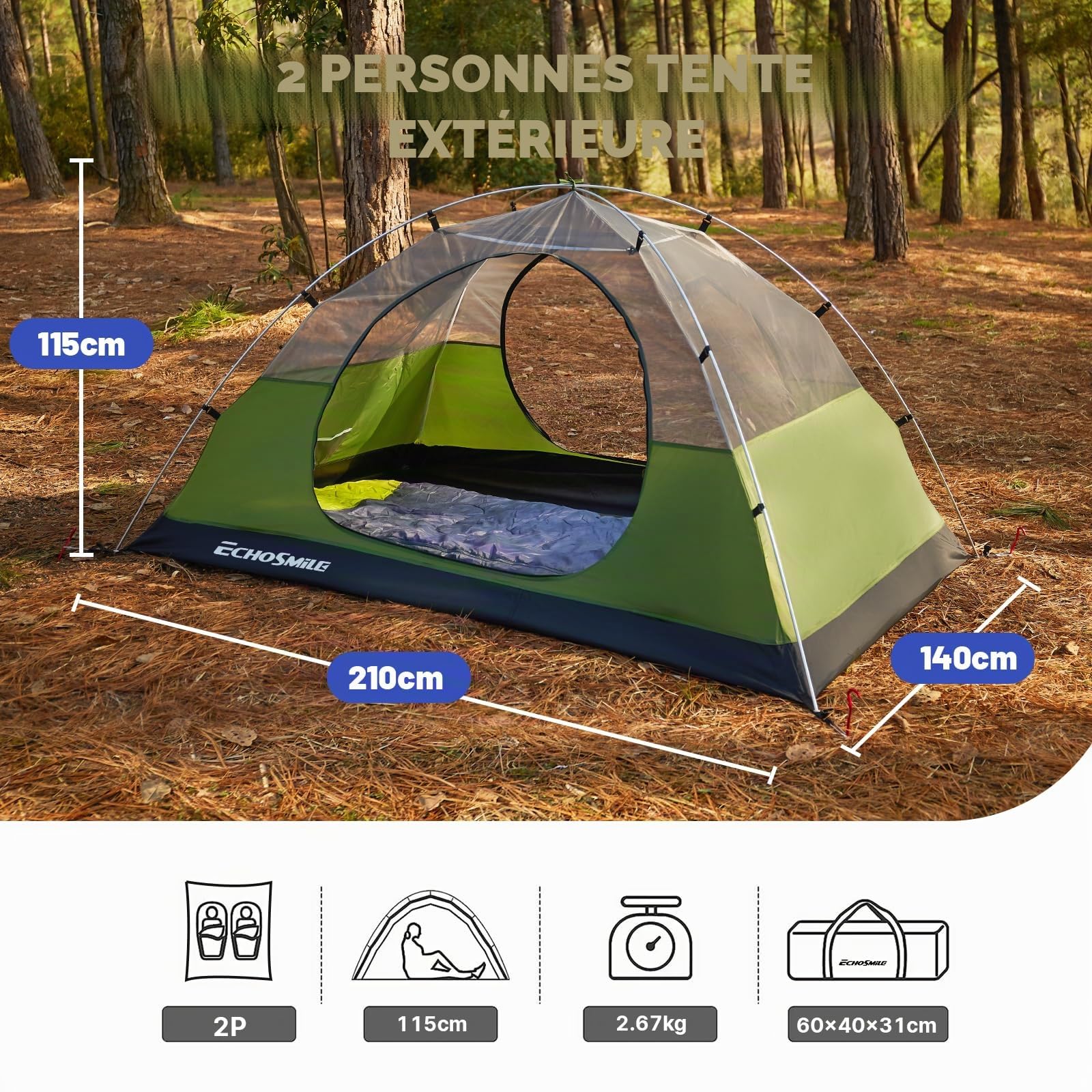 EchoSmile Tente de Camping, 2/3 Personnes Ultra Légère Tente Facile à Installer, 4 Saison Imperméable Ventilée pour Trekking Randonnée Camping