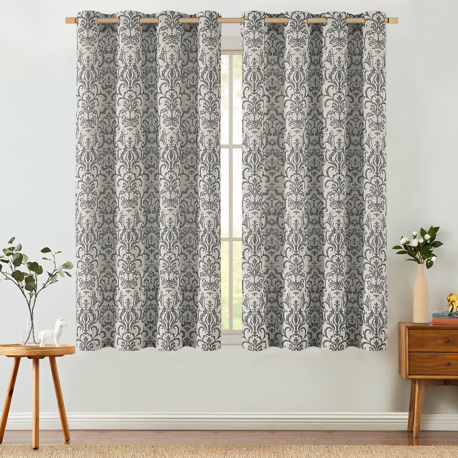 jinchan Linen Curtains for Bedroom Grey Damask Patterned Curtains 63 Inch Length for Living Room Light Filtering Vintage Curtains Baroque Style Drapes Grommet Window Treatments 2 Panels Set