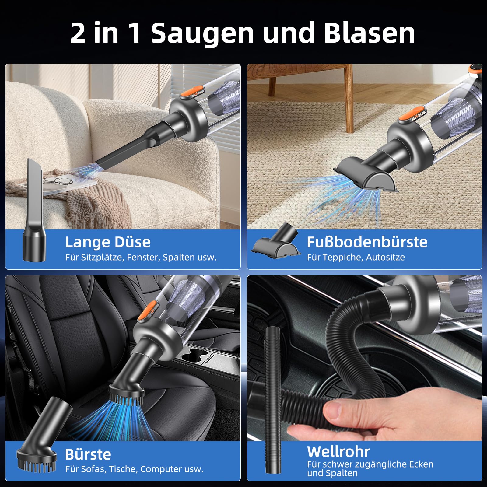 Handstaubsauger, 26000 Pa 4-in-1 Auto Staubsauger Stark, One-Touch Staubentleerung, Bürstenloser Motor, HD Display und LED Beleuchtung, Akku Staubsauger Kabellos für Zuhause/Büro/Auto, Orange