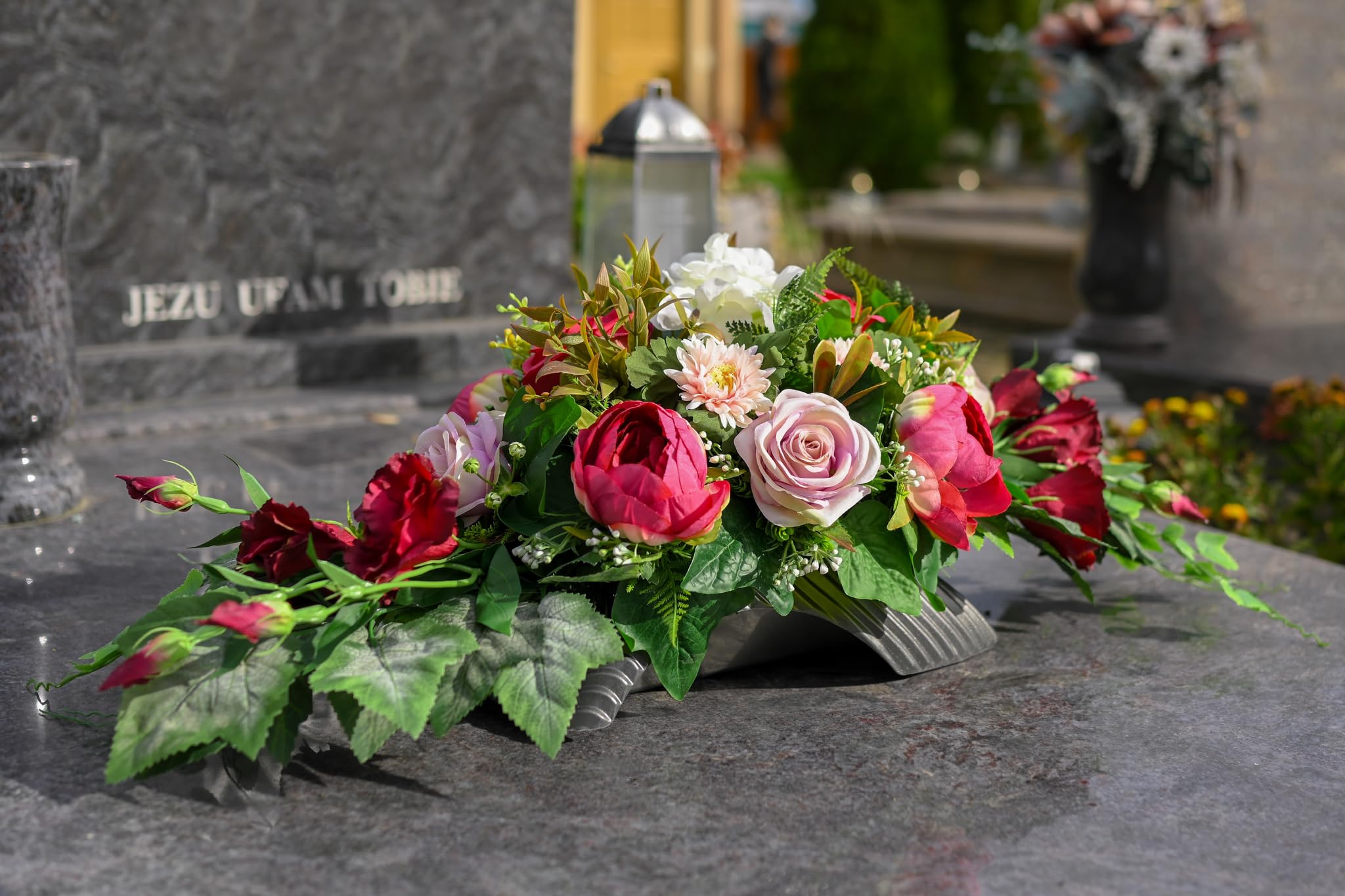 Generisch Grabaufleger aus künstlichen Textil Seidenblumen Rosen länglich 80cm groß XXL Friedhofsgesteck für Totensonntag Beerdigung wie Echt (Rosa)