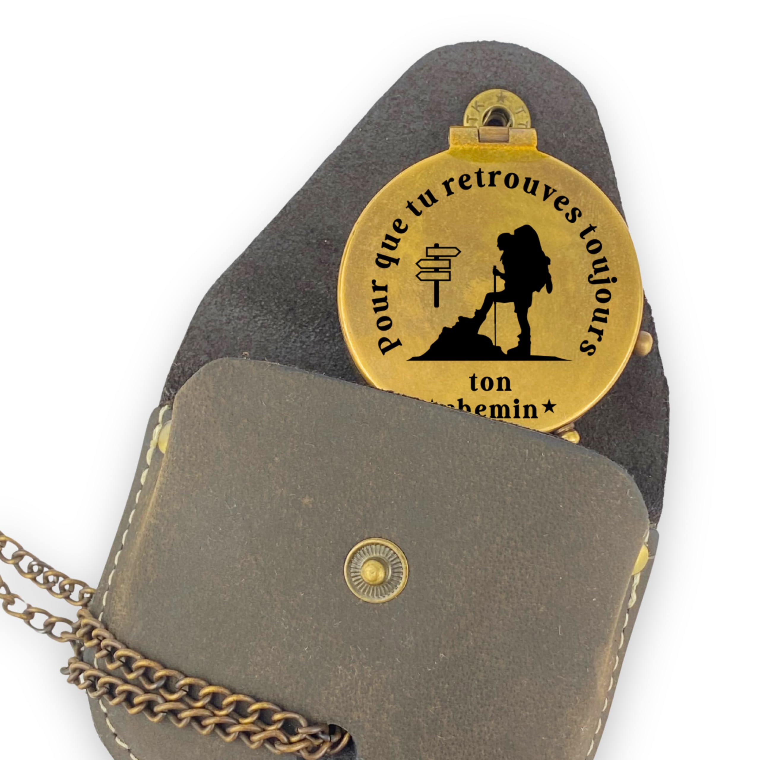 Boussole personnalisée avec gravure et texte au choix - Différents designs - Étui en cuir en laiton - Superbe idée cadeau