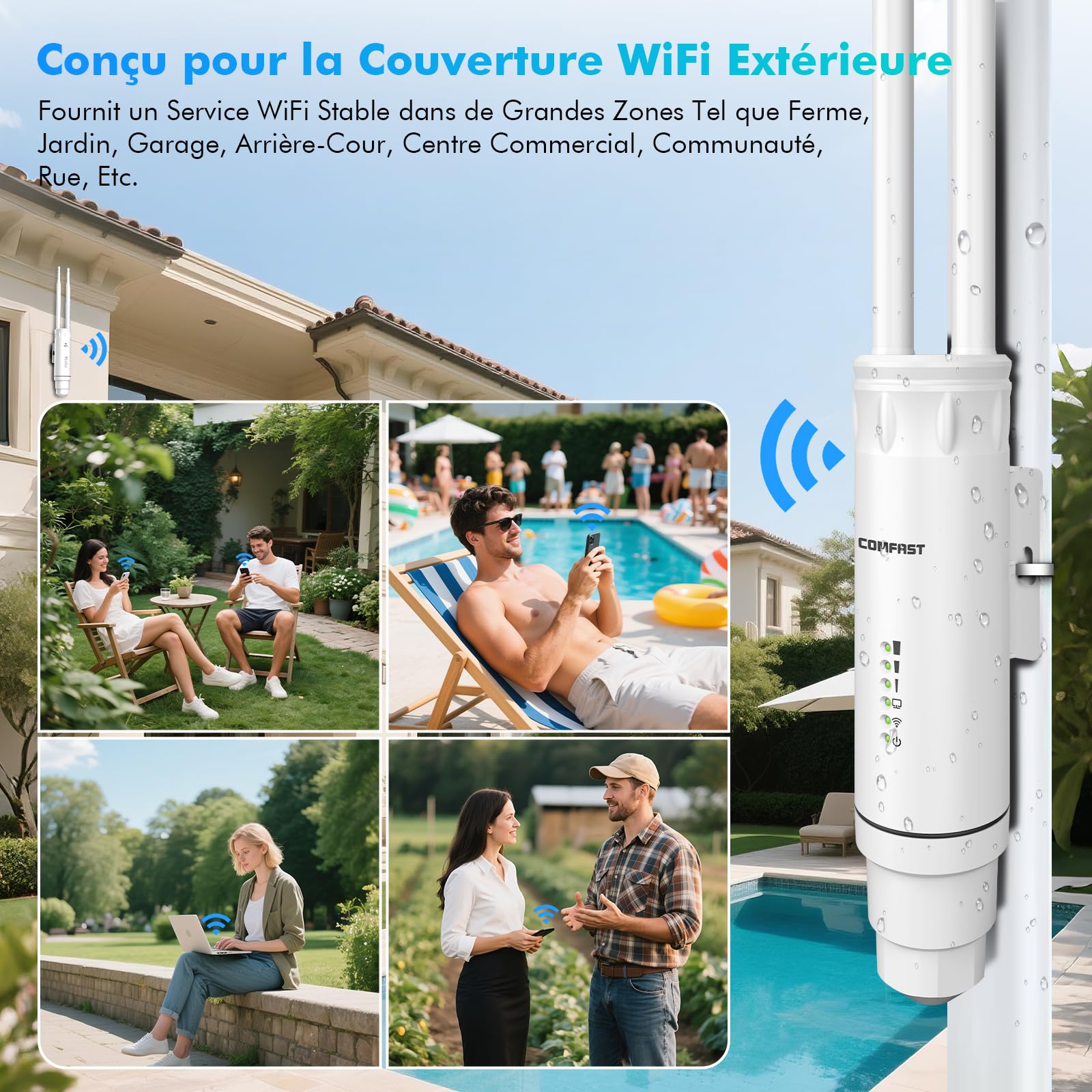 COMFAST Outdoor Access Point AC1200 Ripetitore WiFi esterno con 24 V PoE porta Ethernet, IP66, doppia banda 5G&2.4GHz Amplificatore WiFi esterno 802.11ac, MU-MIMO
