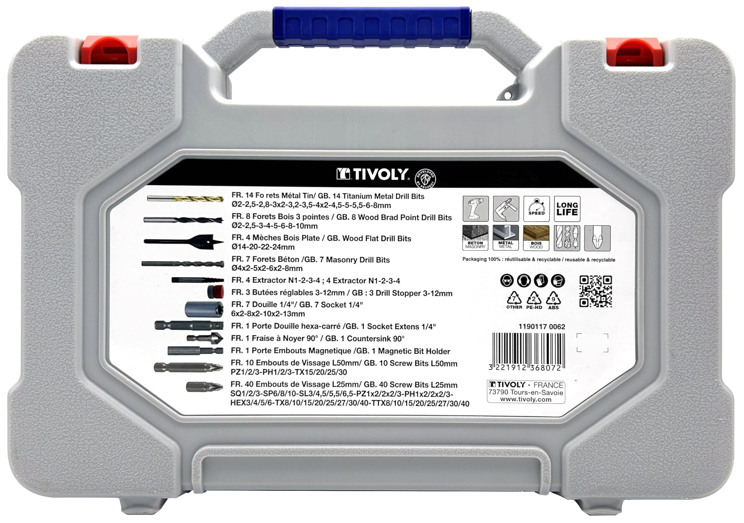 TIVOLY – Maletín de 100 piezas taladrado + tornillos + extractores – 14 brocas metálicas, 8 brocas de madera y 4 mechas de madera, 7 brocas de hormigón, 4 extractores, 50 puntas de atornillado y otros
