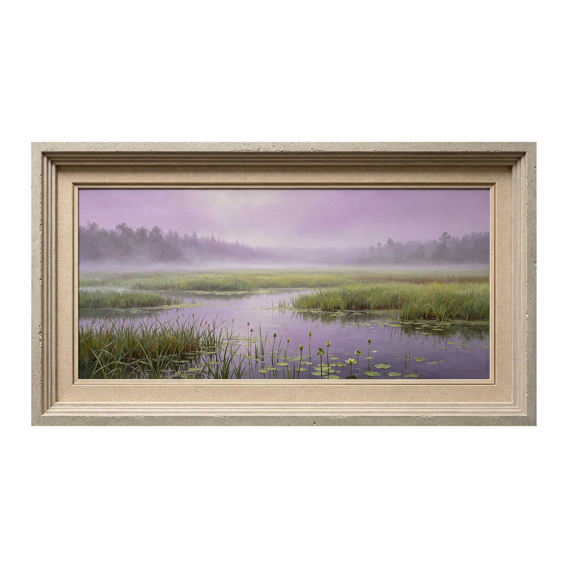 Yzpallescene 3D Framed Wall Art 50cm×100cm Misty Wetland Lake Meadow Panoramic Oil Painting Large Size SelfAdhesive Removable Wall Decor Prints Artwork for Living Room Bedroom Office