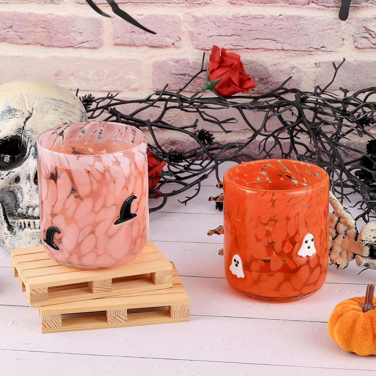 Yoiemivy 2 Pack Halloween Icon Juice Glasses 14 oz Double Old Fashioned Icon Handblown Stemless Wine Glasses Cute Ghost Glass Drinking Cups for Halloween Fall Party Supplies - Image 4