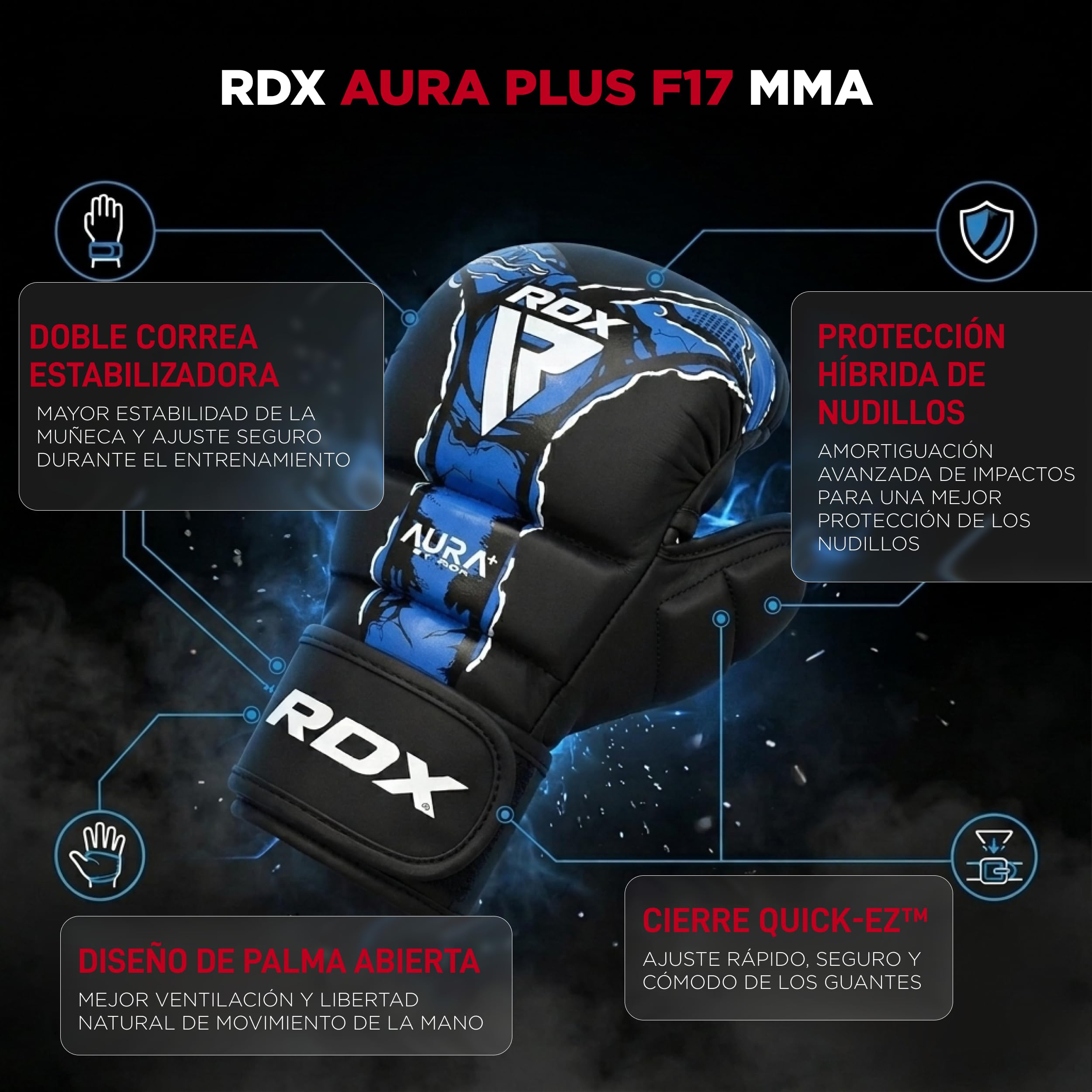 RDX Aura Plus F17 Guantes de Grappling para Hombre y Mujer, Guantes MMA con Palma Abierta, Guantes de Entrenamiento para Agarre, Sparring y Lucha en Suelo, Acolchado Amortiguador