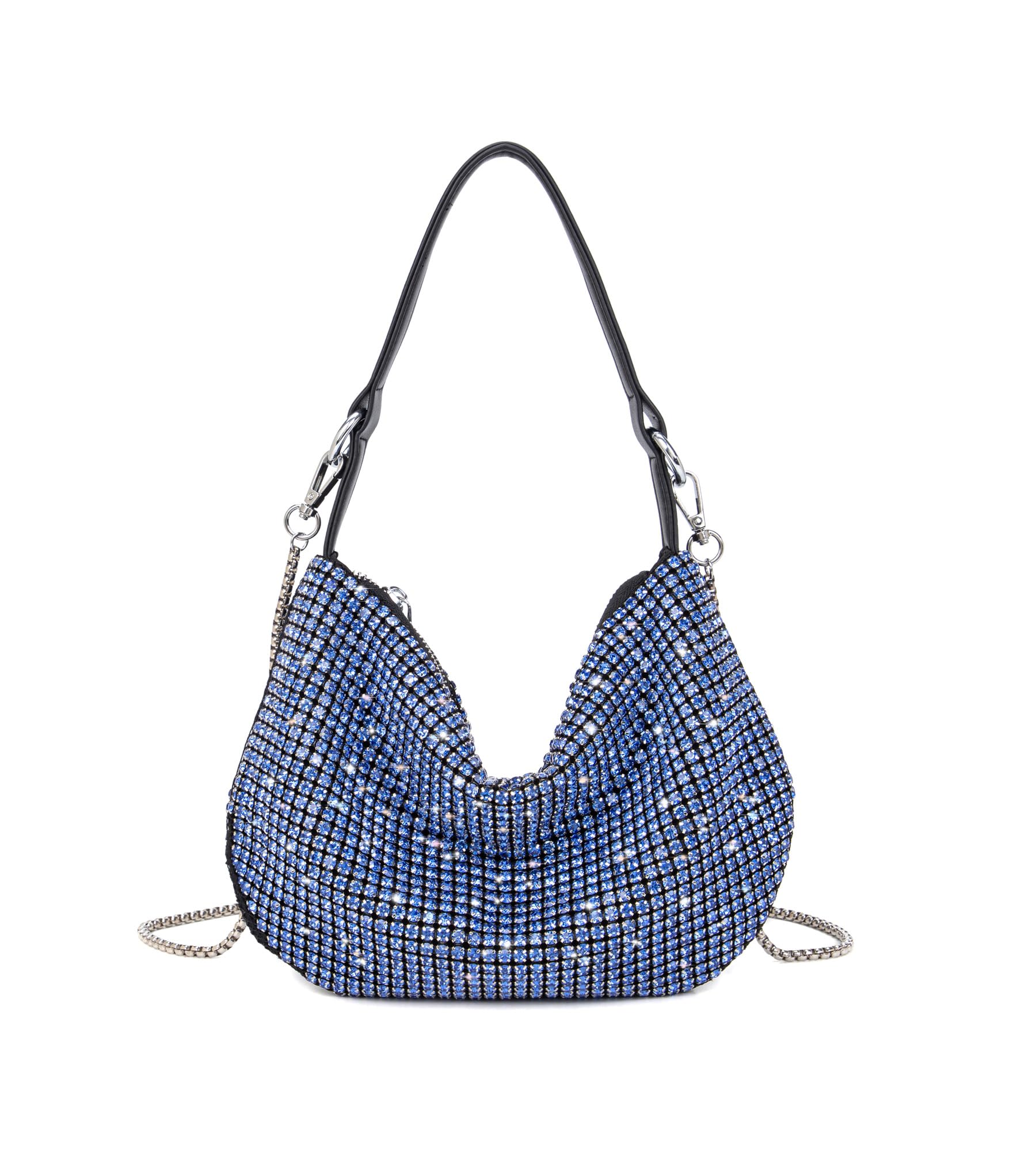 Sweetovo Women Sparkly Rhinestone Purse Tassel Crystal Diamond Crossbody Bag Silver Chain Clutch for Evening Prom Party