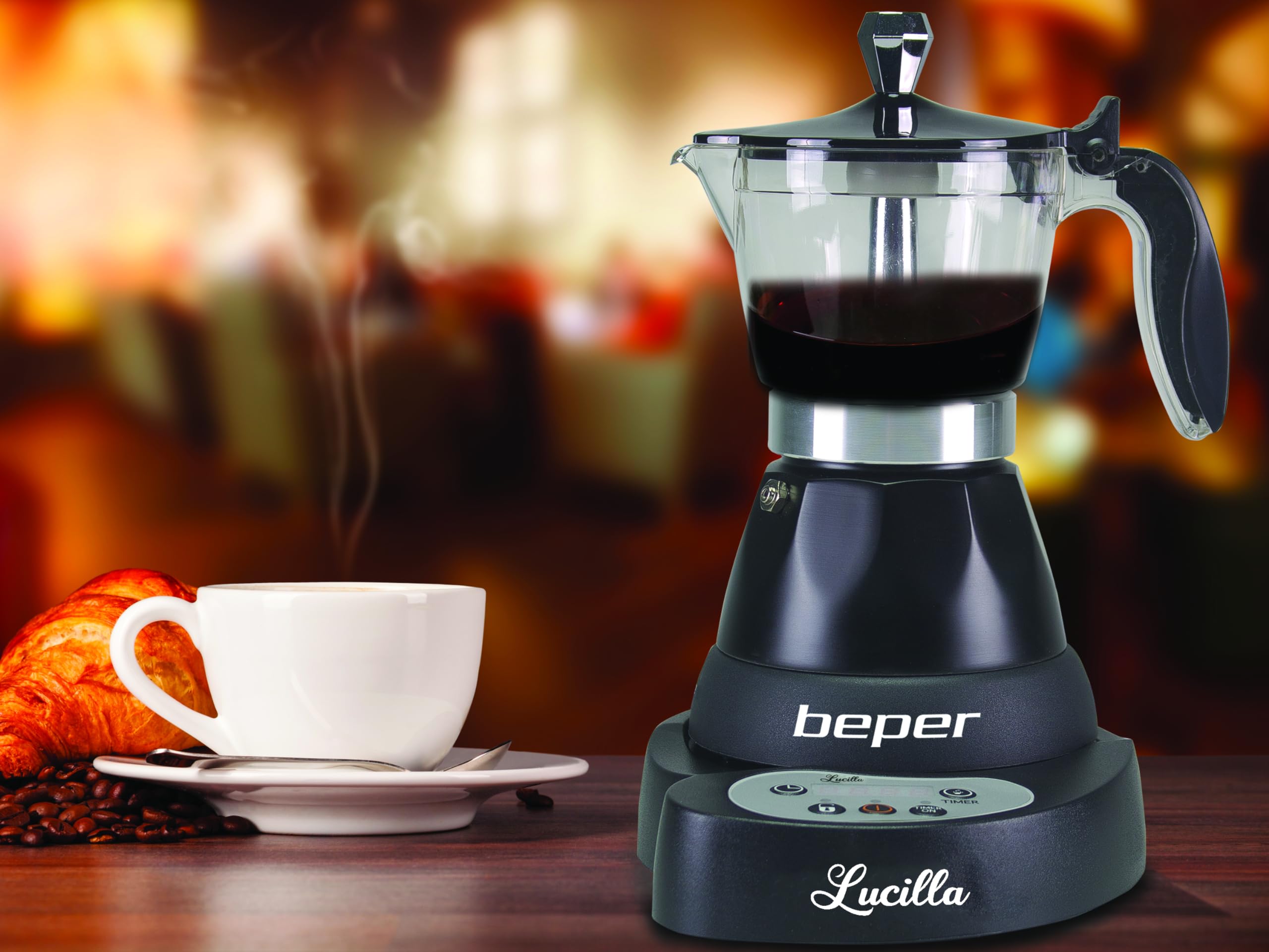 BEPER BC.041N elektryczny ekspres do kawy Lucilla – ekspres do espresso na 3 filiżanki z programowanym timerem do 24 godzin wcześniej – gorąca kawa na 30 minut, czarny