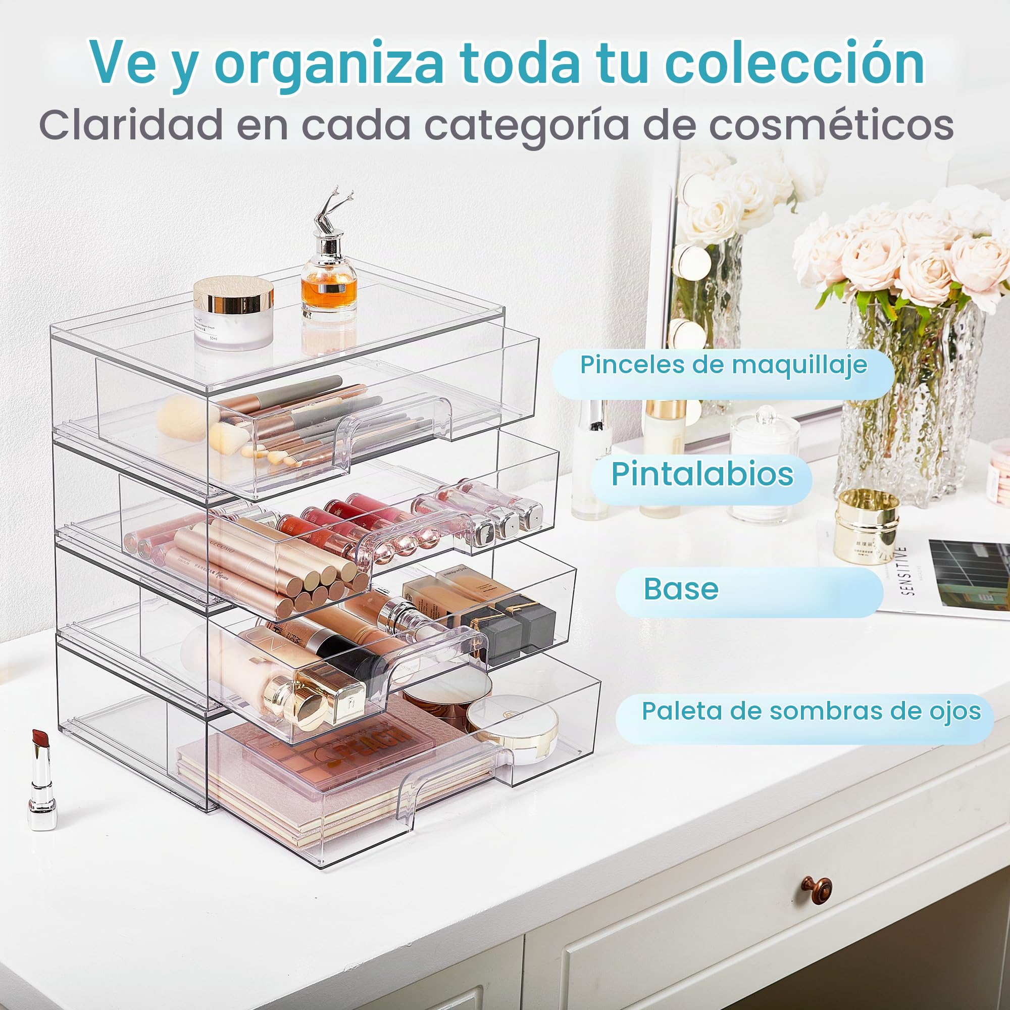Vtopmart Caja de almacenamiento con 3 cajones, organizador de tocador transparente, cajón organizador antideslizante para baño, tocador y escritorio.