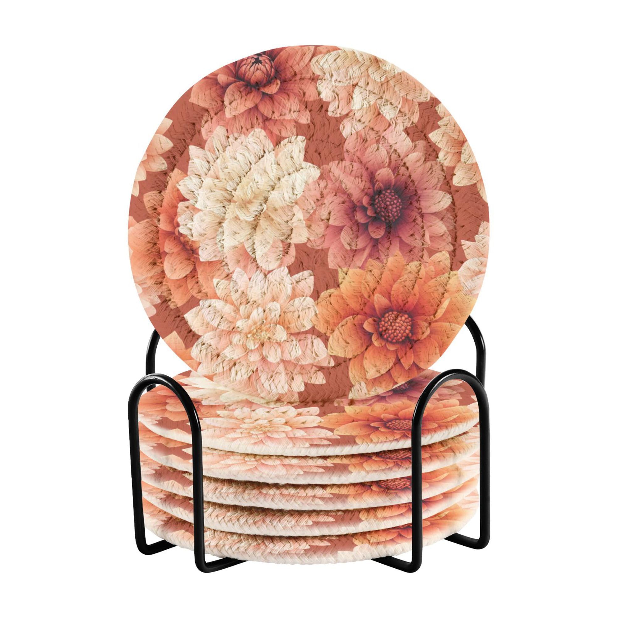 Cartoon Dahlia Terracotta Cotton Rope Drink Coasters Absorbent Set of 6 with Holder Aesthetic Coasters Table