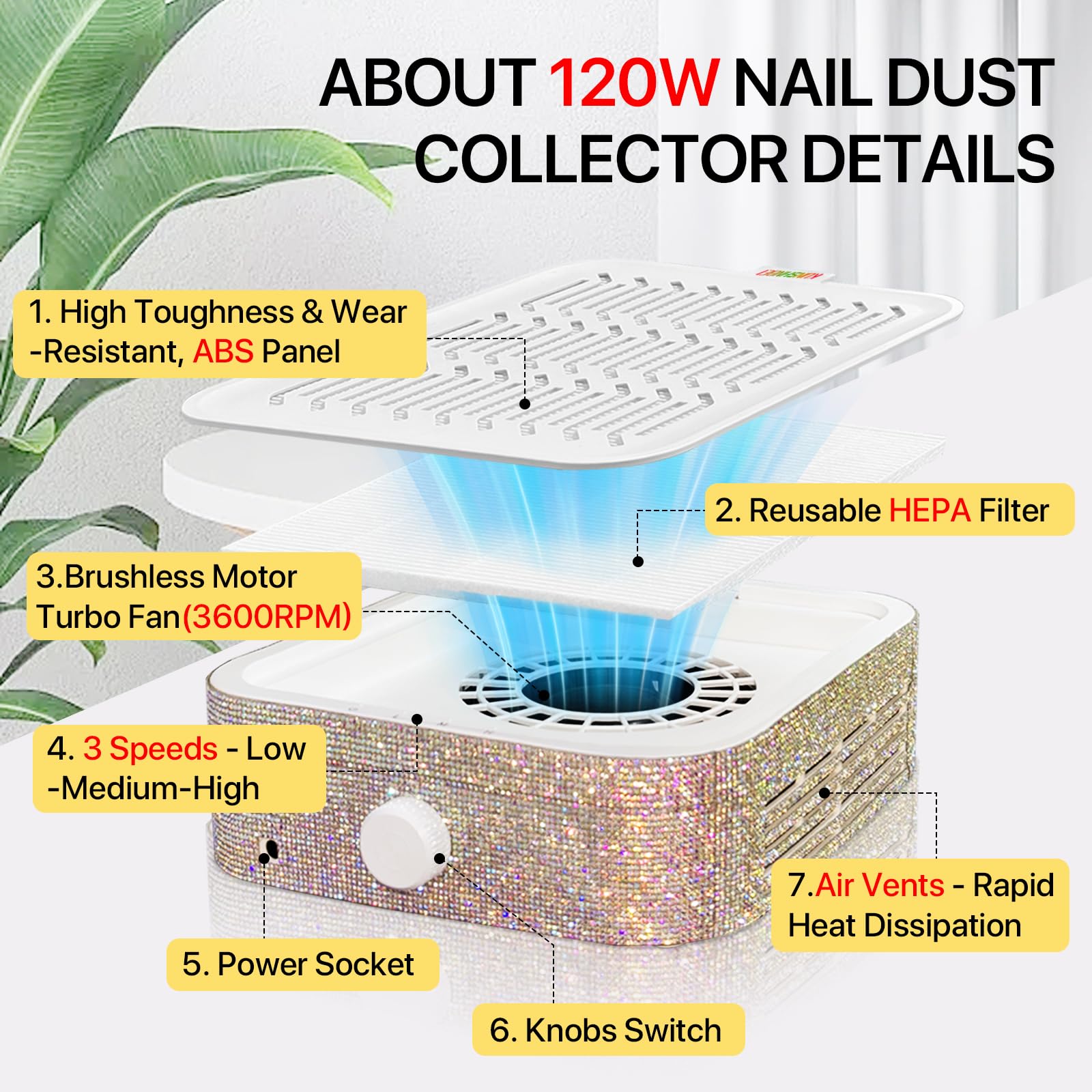 Colector de polvo de uñas, 120 W, colector de polvo de 3600 RPM, tecnología de colector de polvo de uñas, con filtros de polvo reutilizables y cepillo portátil para polvo de uñas y papel de filtro