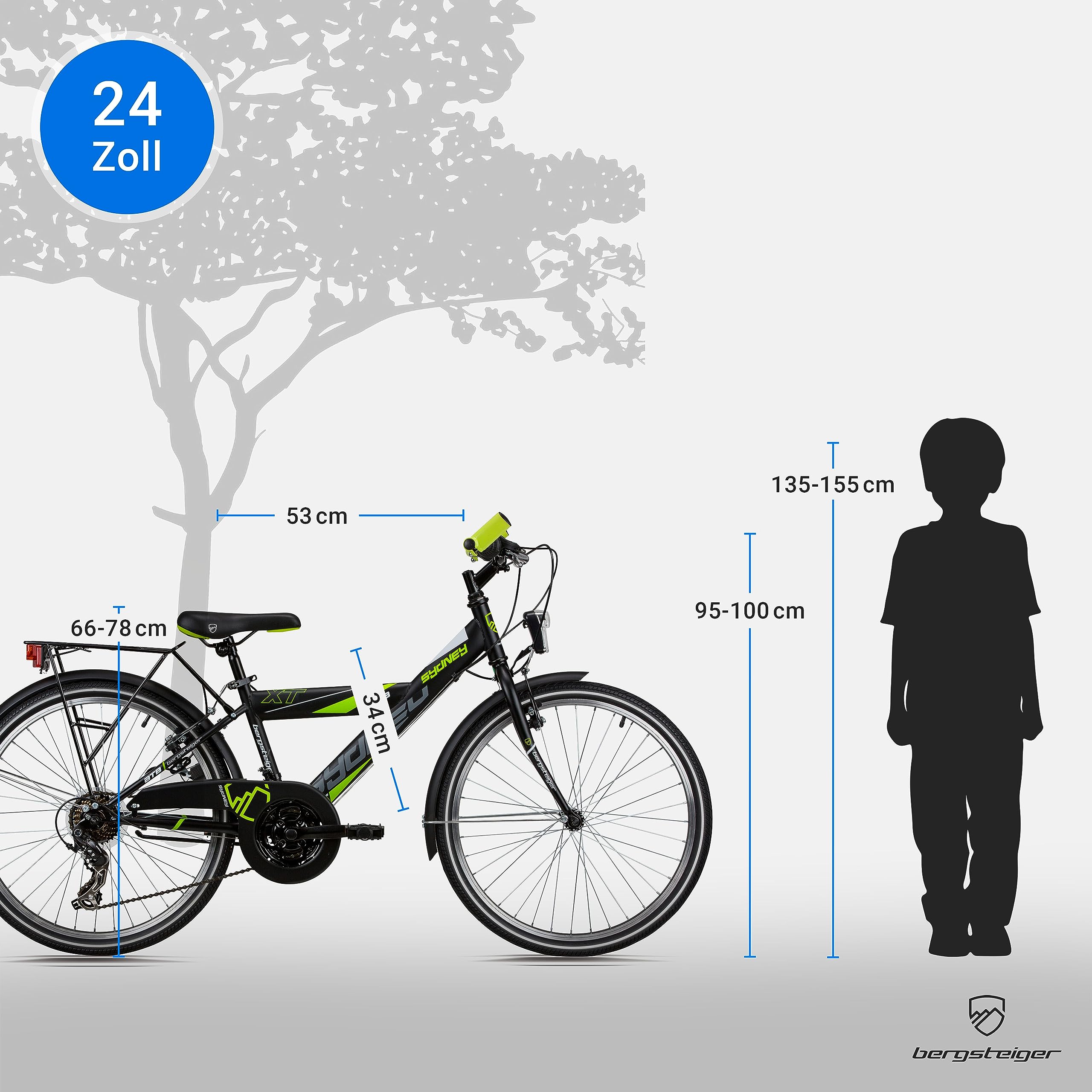 Bergsteiger Sydney 20/24 Zoll Kinderfahrrad Mountainbike mit Dynamo Licht | Sicherer Schulweg ab 115 cm Körpergröße nach StVZO. Mit Shimano Tourney Schaltung, V-Brakes und zu 90 Prozent vormontiert.