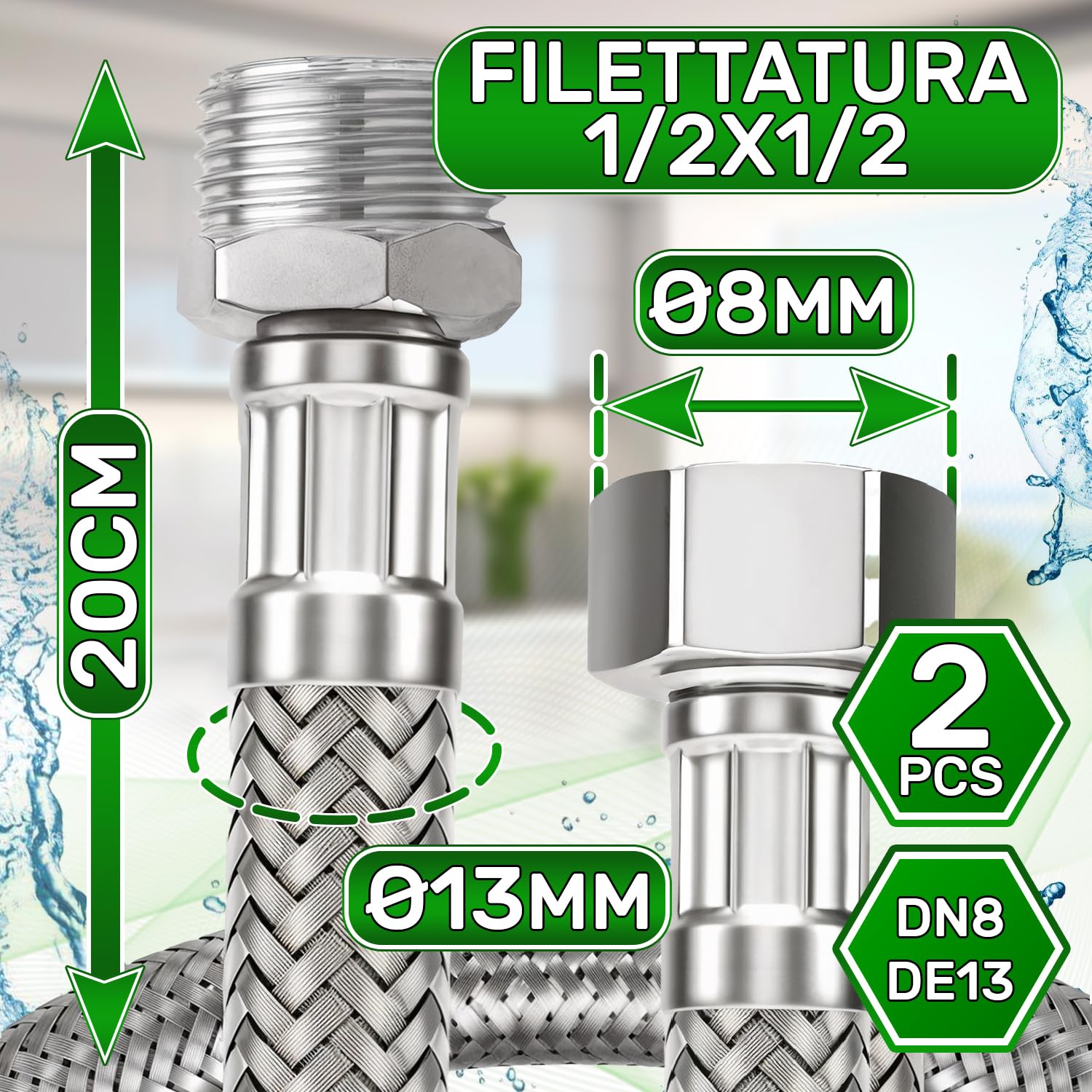 Tubo Flessibile Acciaio Inox 20cm - Attacco Femmina 3/8” X 1/2”, Perfetto Per Miscelatori E Installazioni Idriche - Foto 4