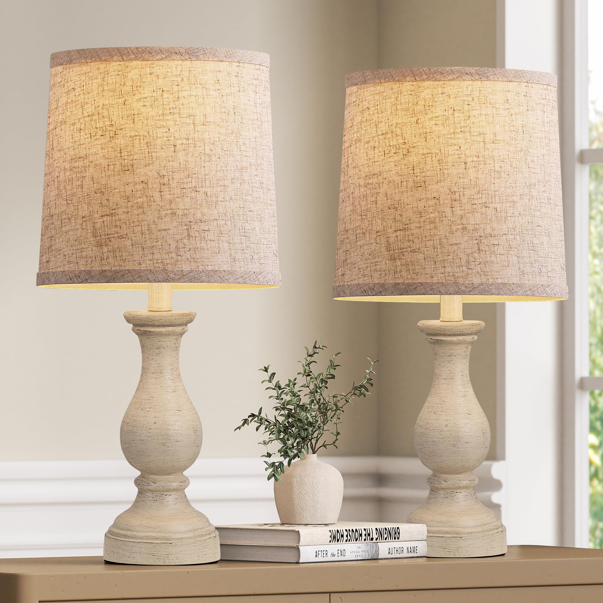 seealle farmhouse table lamps set of 2 - rustic lamp for bedroom living room, 22" boho bedside lamps for night stands end table office desk lamp nightstand clearance with linen shades(antique white)