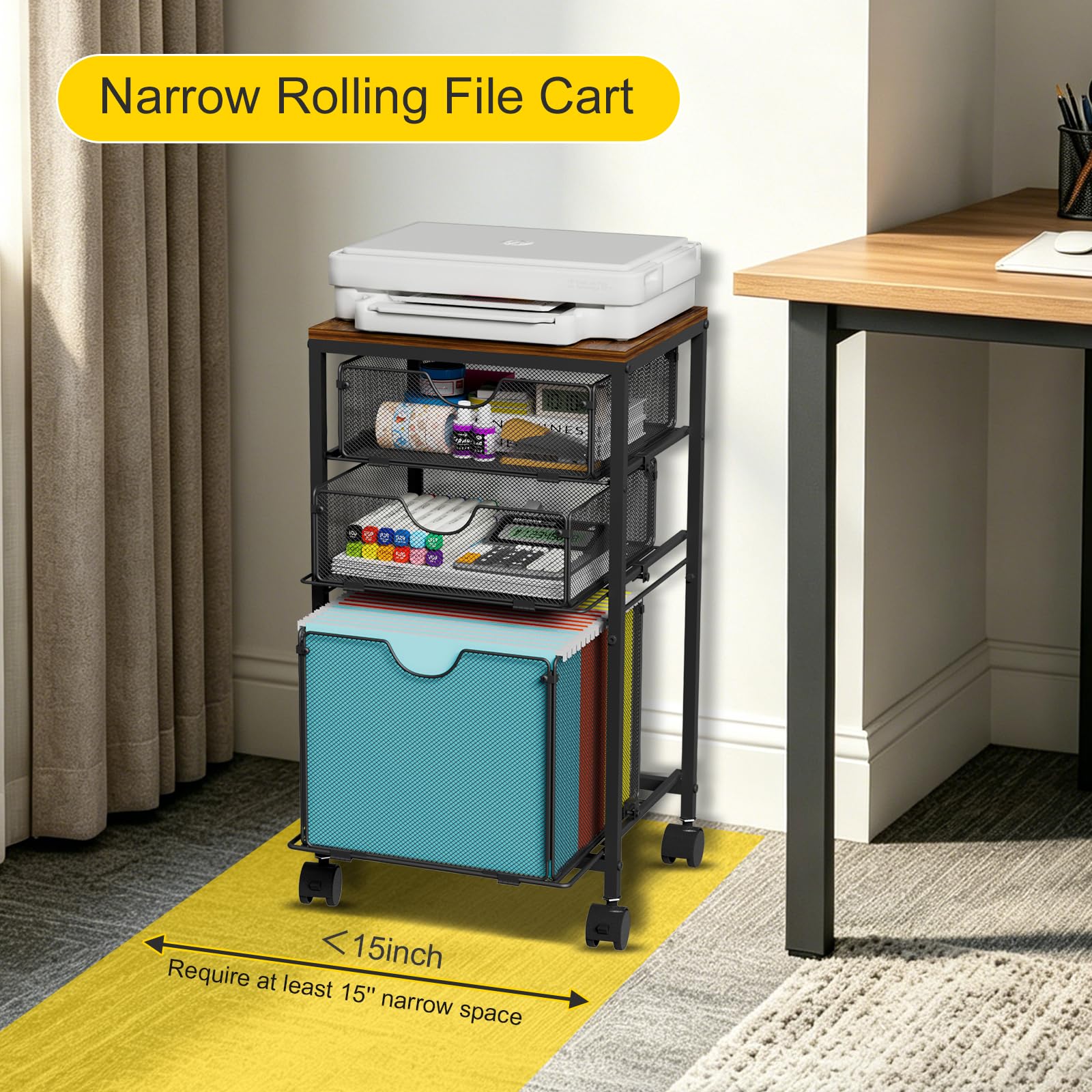 BOHDK Carrito de archivos rodante, carrito de archivos para almacenamiento debajo del escritorio, archivador móvil de madera y malla con 3 cajones deslizantes, para A4, carpetas de archivos colgantes
