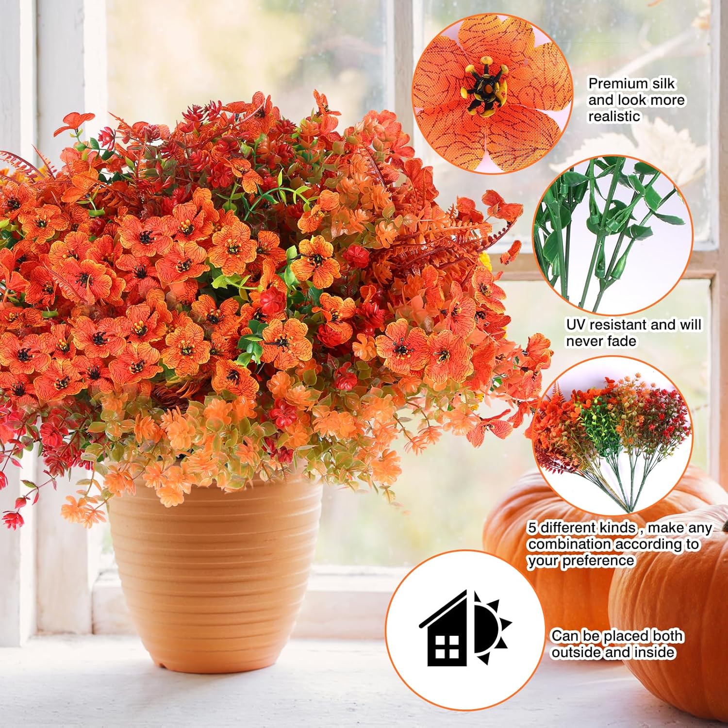 CEWOR 24 Bundles Orange Artificial Mums Flowers Fake Fall Plants for Outdoor Indoor, Fake Silk Daisy with Eucalyptus Leaves for Autumn Garden Front Door Porch Planter Patio Home Decor - Image 3