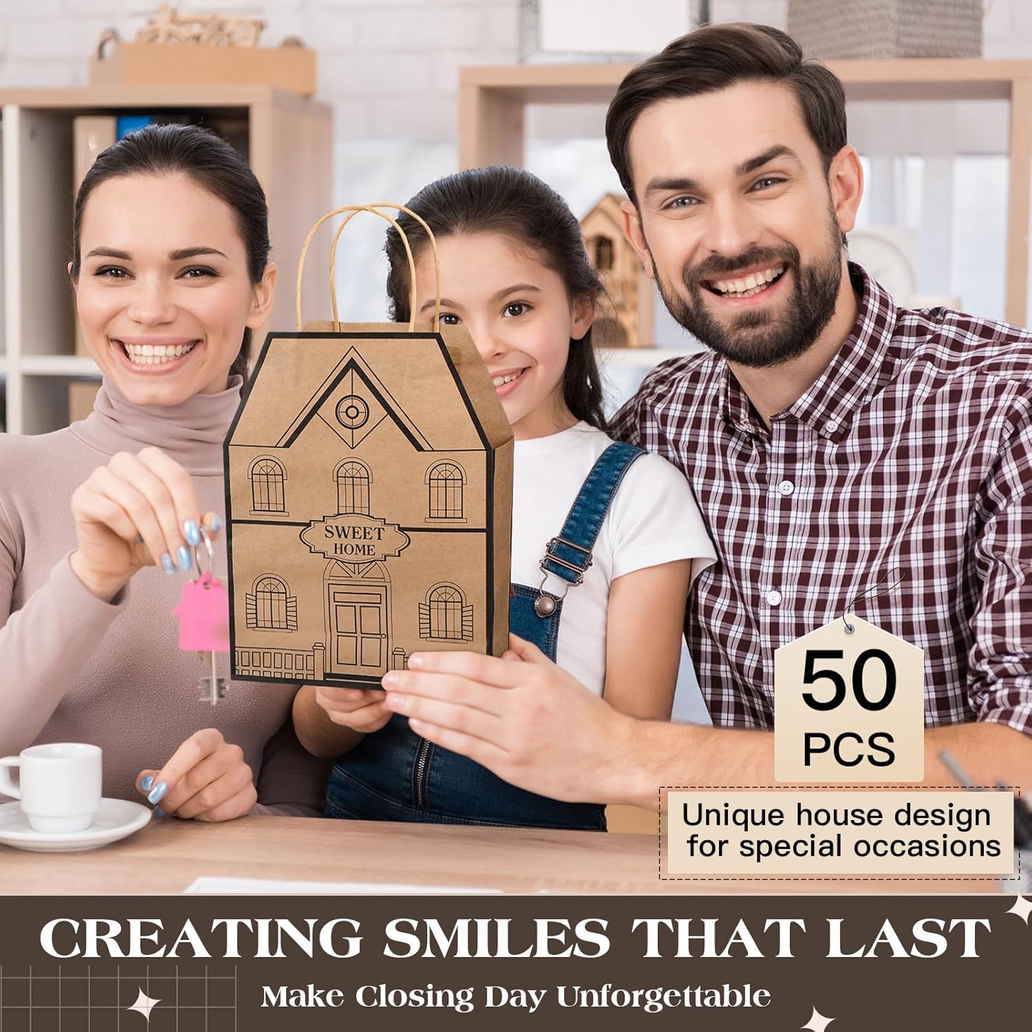 Cholemy 50 Pieces House Shaped Gift Bags for New Home House Warming Gift Bags with Handles Real Estate Agent Gifts Kraft Real Estate Gift for New Home Buyers Agent Supplies(Brown)
