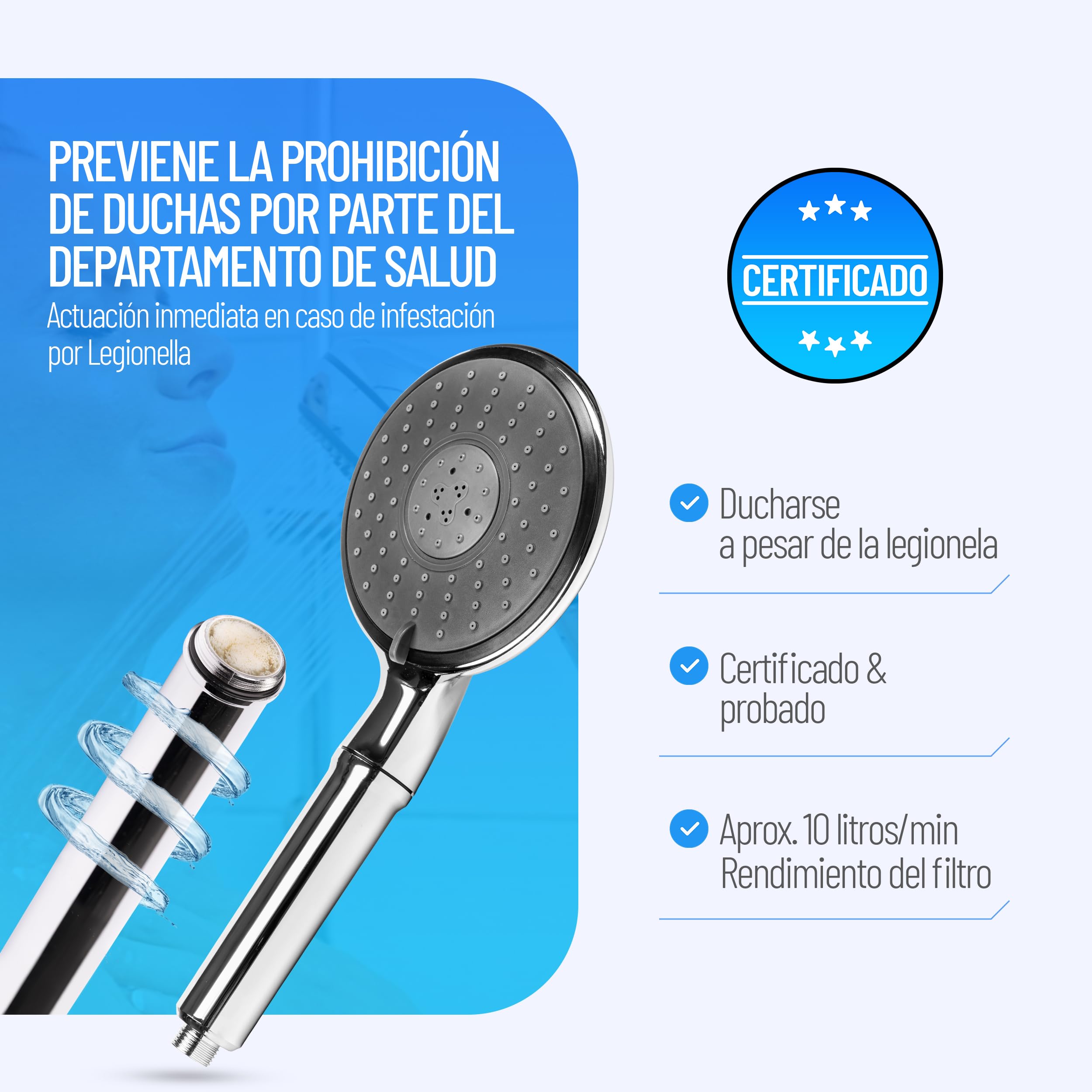 Cabezal de ducha con filtro Legionella, protección a largo plazo, elegante y discreto