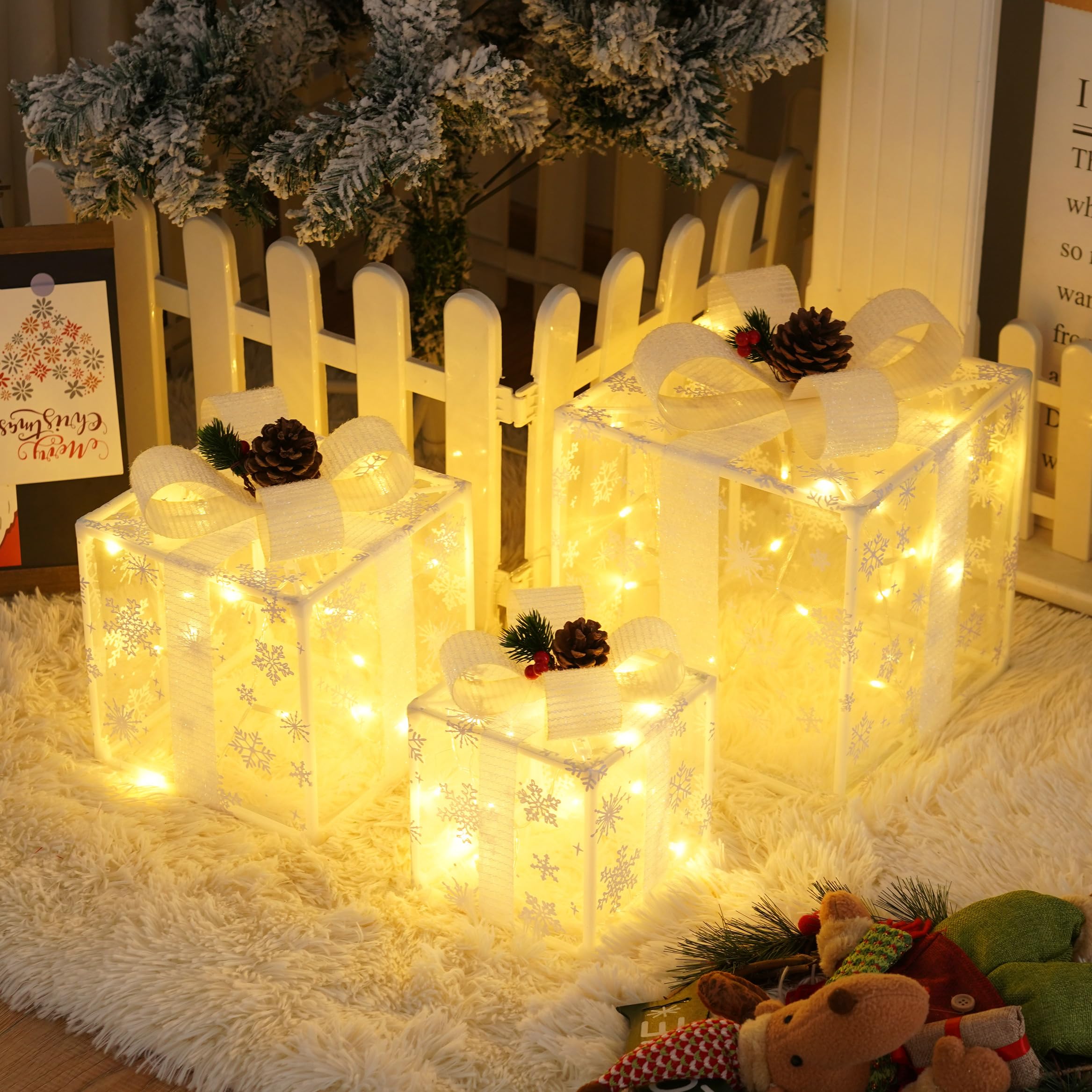 Boîtes cadeaux de Noël lumineuses 60 LED blanc chaud autonomes à piles avec nœud décoratif