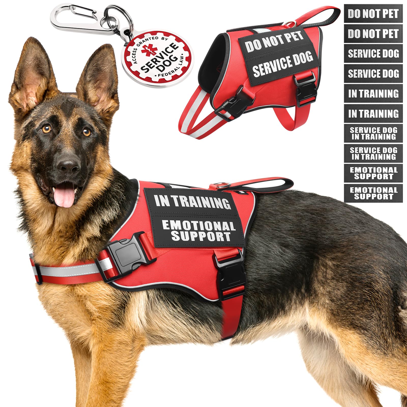 MOOGROU Service Dog Vest Harness+ID Tag+10 Patches,Durable Metal Serivce Dog Tag&Reflective Emotional Support Dog Vest with Handle for Large Dogs,Easy Put On/Off for Training/Walking/Everyday Red XL