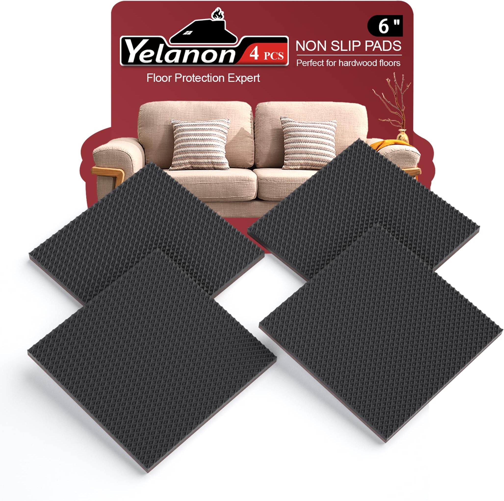 Yelanon Non Slip Furniture Pads -4pcs 6" Grippers Hardwood Floors, Non Skid for Furniture Legs,Self Adhesive Rubber Furniture Feet, Anti Slide Furniture Floors Protectors for Keep Couch Stoppers