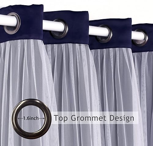 Miniatura 6 de BONZER Cortinas opacas grises con gasa blanca traslúcida de doble capa para mezclar y combinar cortinas con ojales para sala de estar, azul marino,