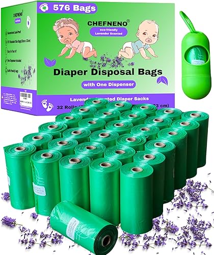 Bolsa de pañales para bebé, desechable, biodegradable, perfumada a lavanda, 32 rollos de repuesto con dispensador (576 sacos), saco de pañales