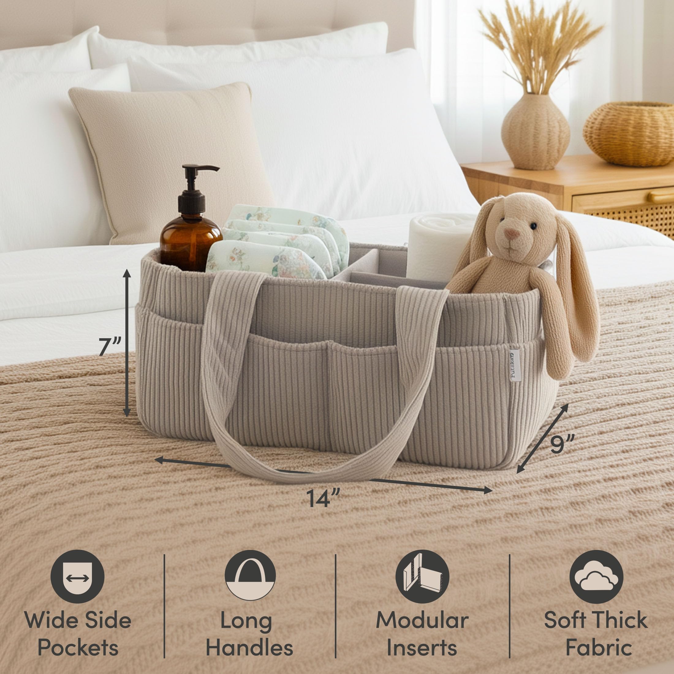 PUTSKA Organiseur de couches pour table à langer – Panier de rangement élégant pour chambre d'enfant, accessoires de nouveau-né, cadeaux de fête prénatale et accessoires indispensables pour garçon ou
