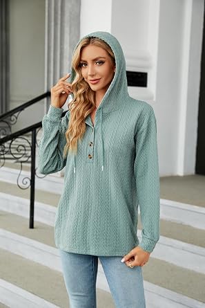 Nuofengkudu Women's Casual V Neck Button Down Long Sleeve Solid Color Hoodies Fall Winter Pullover Sweatshirt 2023
